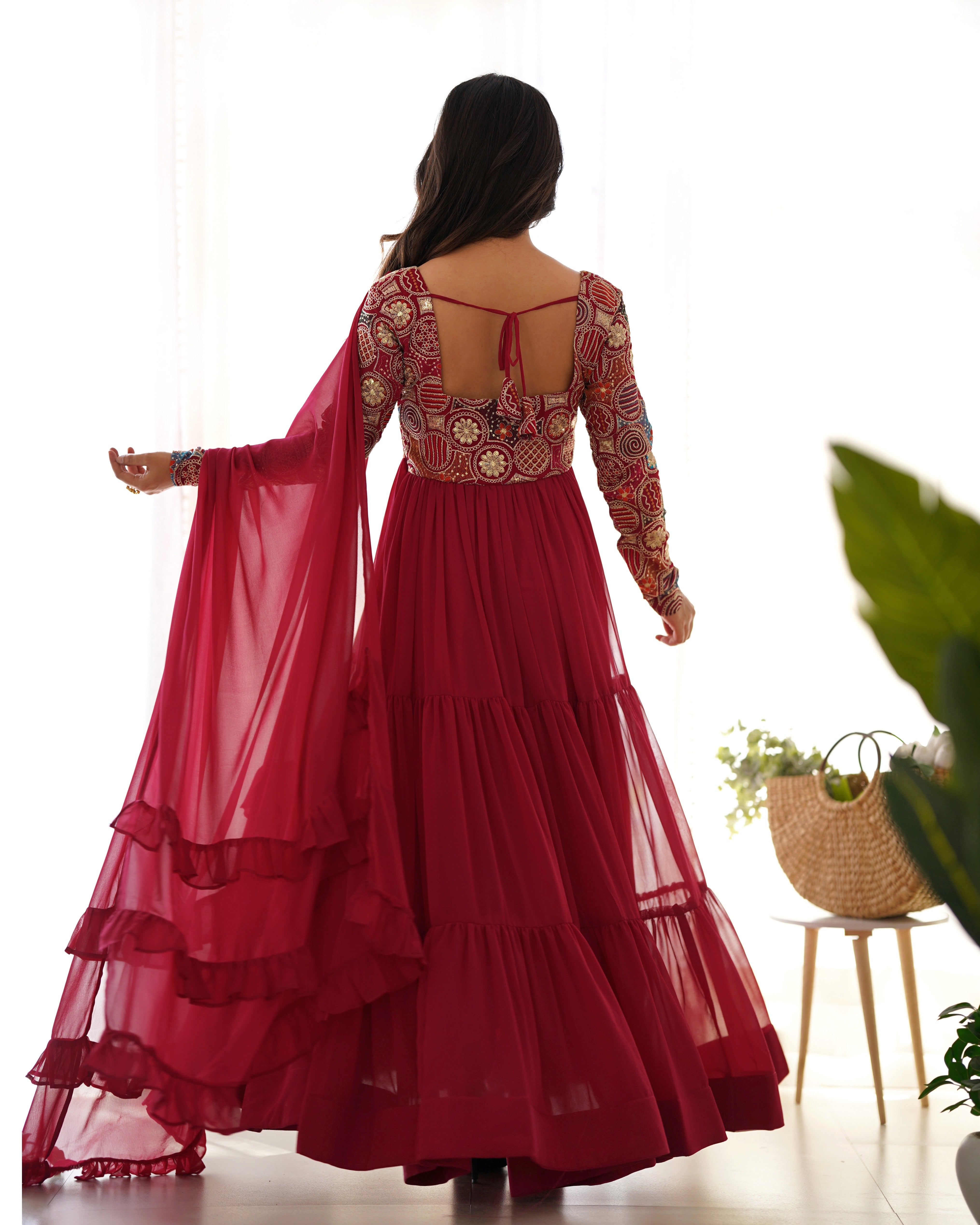 Premium Fox Georgette Fully Flared Anarkali Suit Set with Ruffle Dupatta and Pant