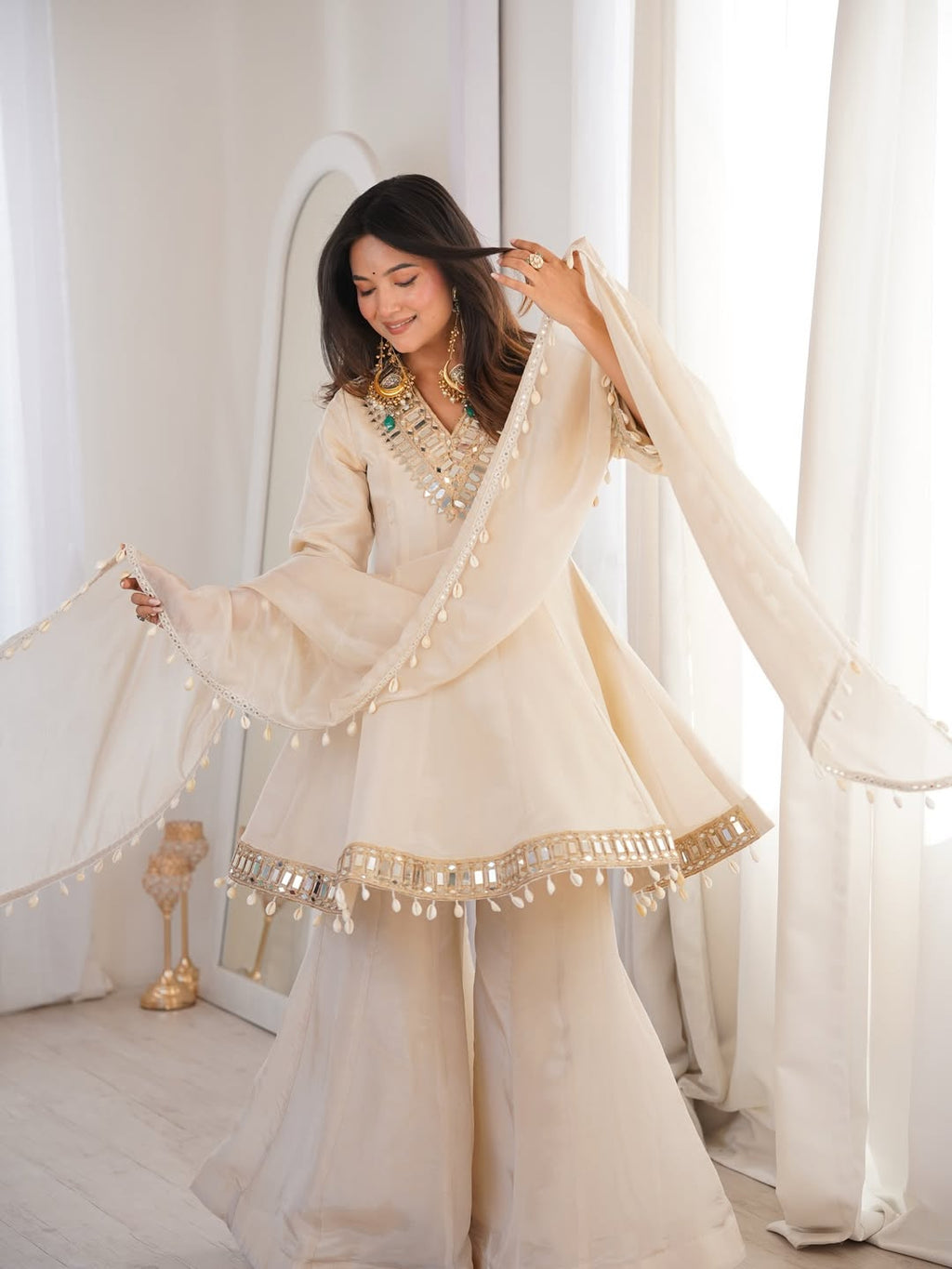 Women's Chinon Mirror Work Palazzo Set with Dupatta