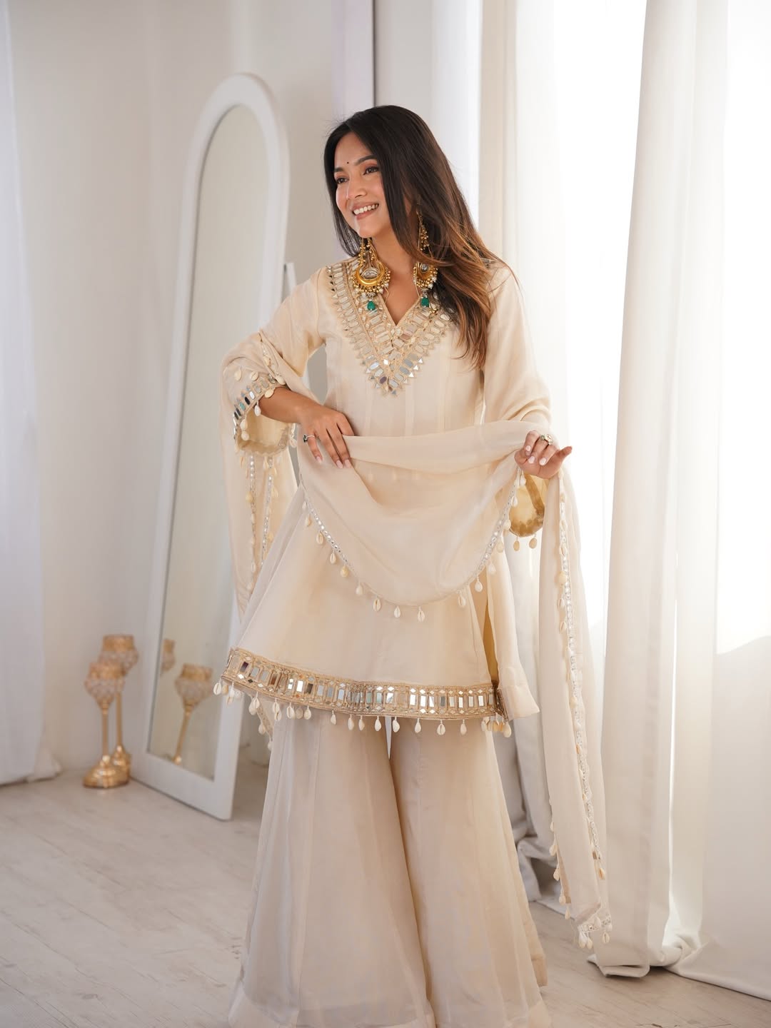 Women's Chinon Mirror Work Palazzo Set with Dupatta