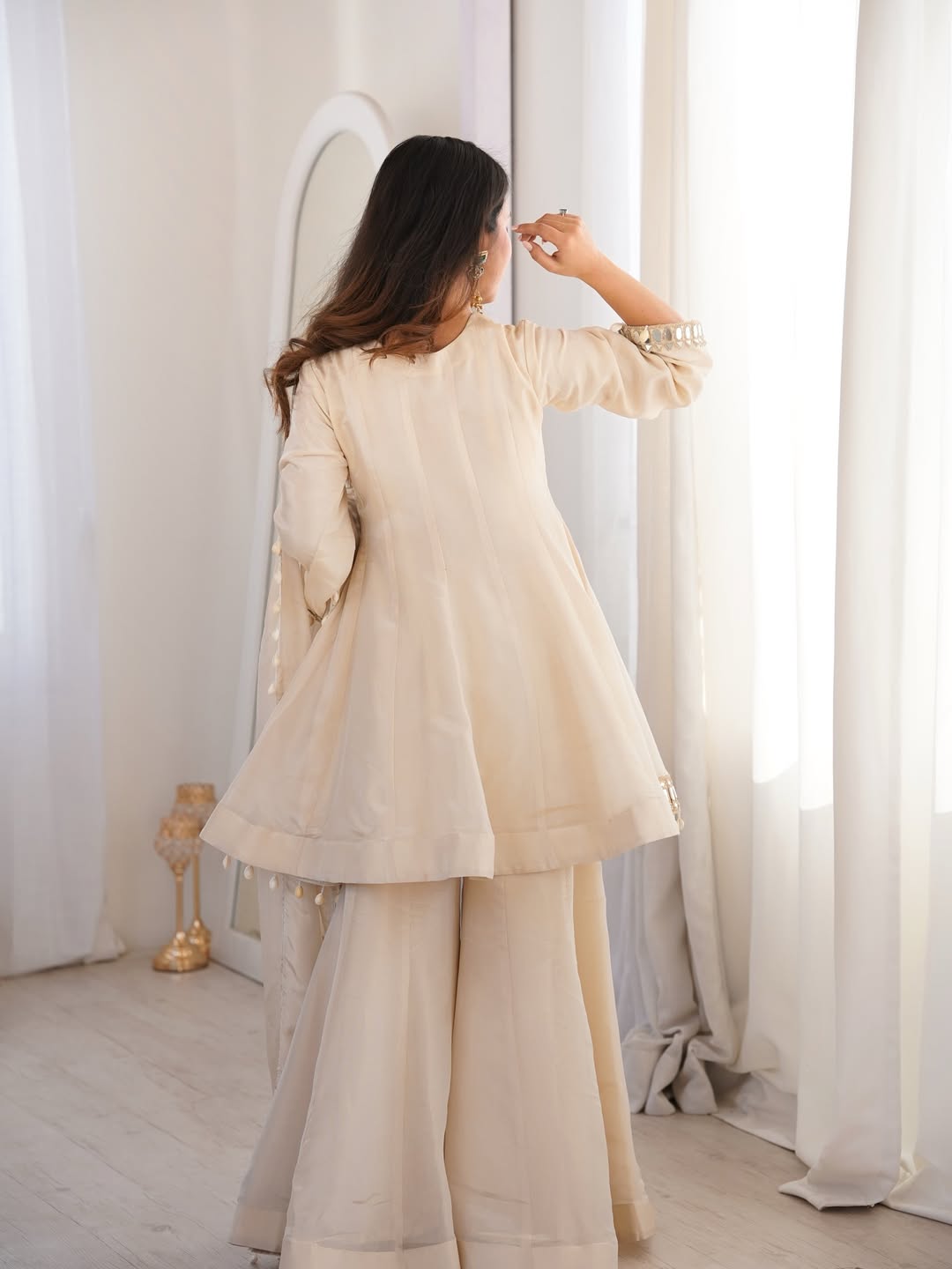 Women's Chinon Mirror Work Palazzo Set with Dupatta