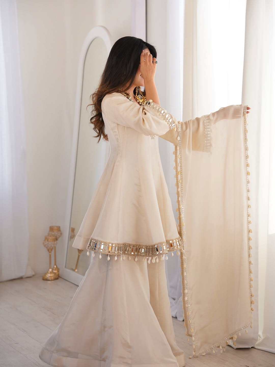 Women's Chinon Mirror Work Palazzo Set with Dupatta