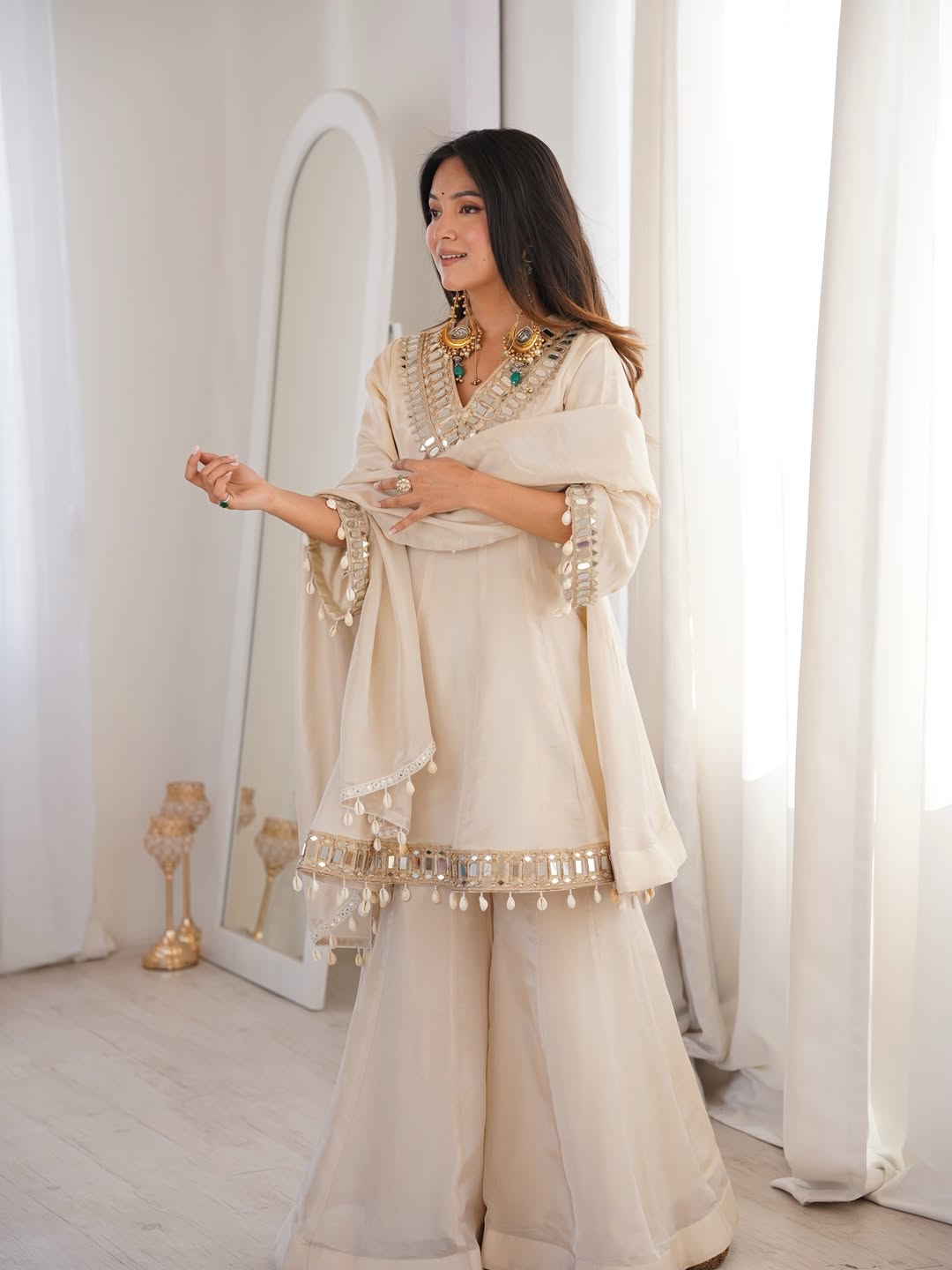 Women's Chinon Mirror Work Palazzo Set with Dupatta