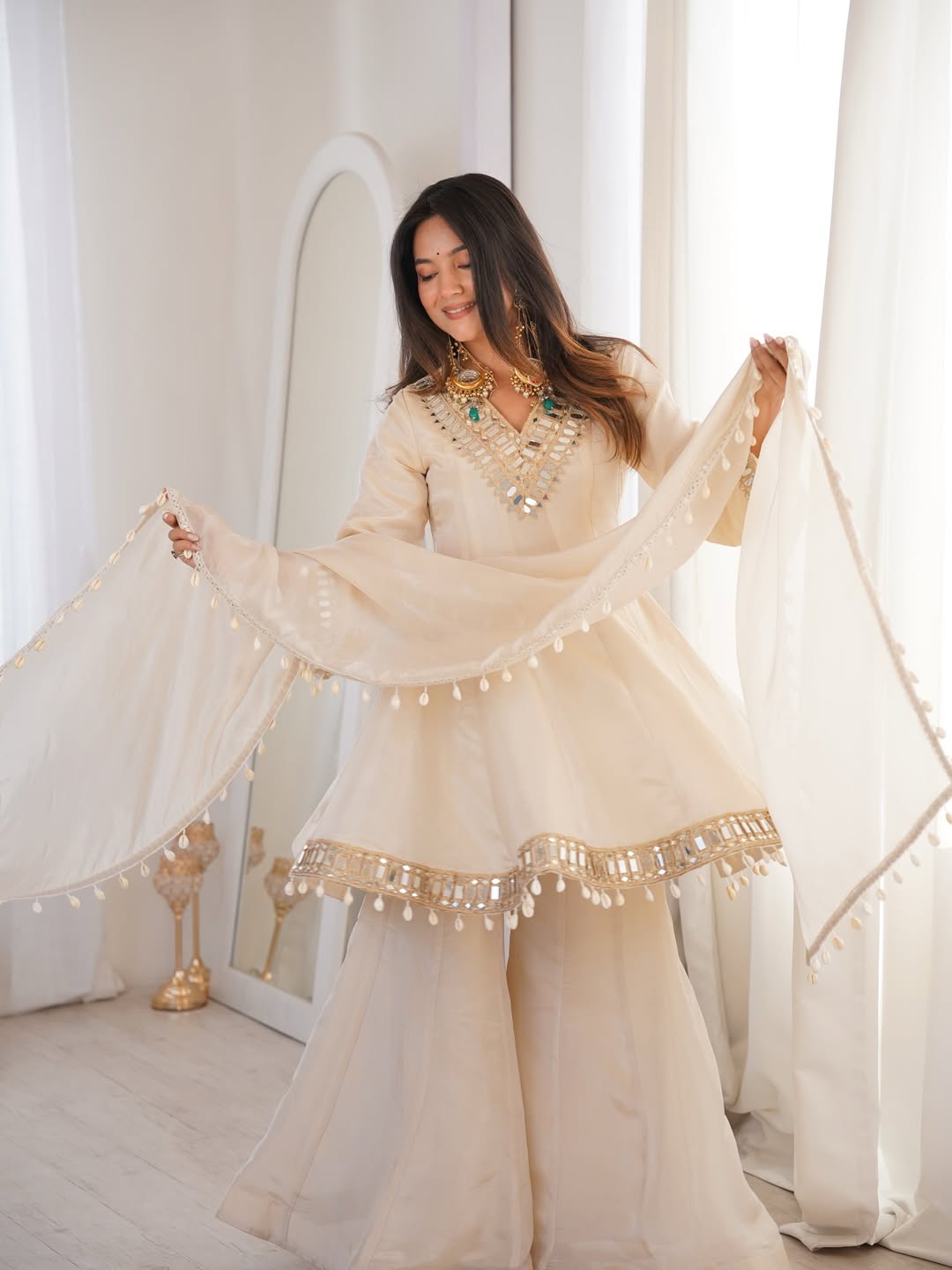 Women's Chinon Mirror Work Palazzo Set with Dupatta