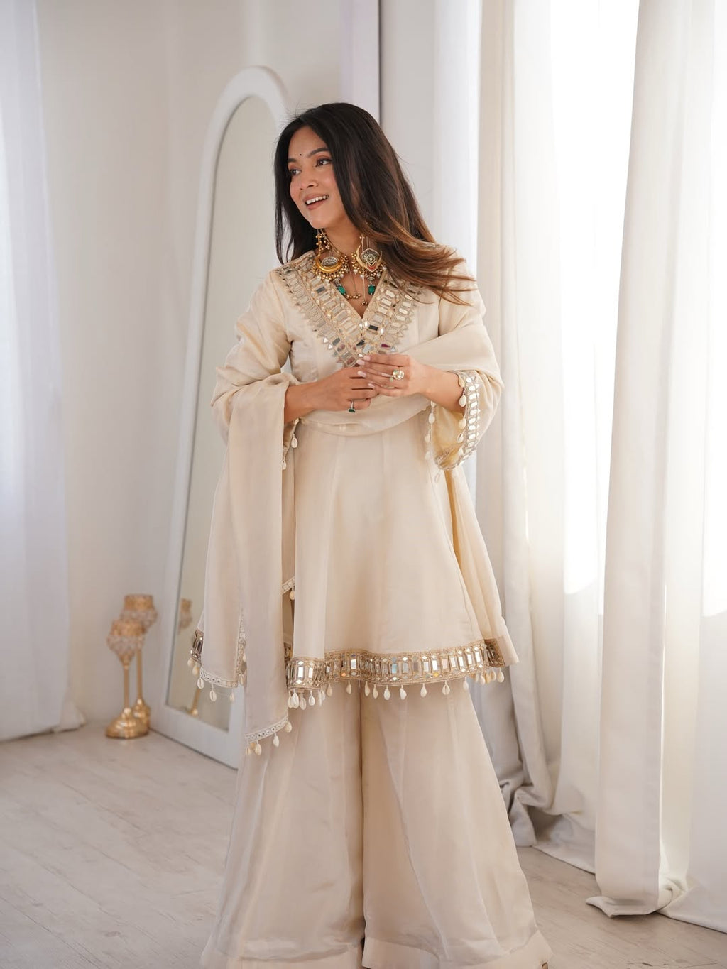 Women's Chinon Mirror Work Palazzo Set with Dupatta