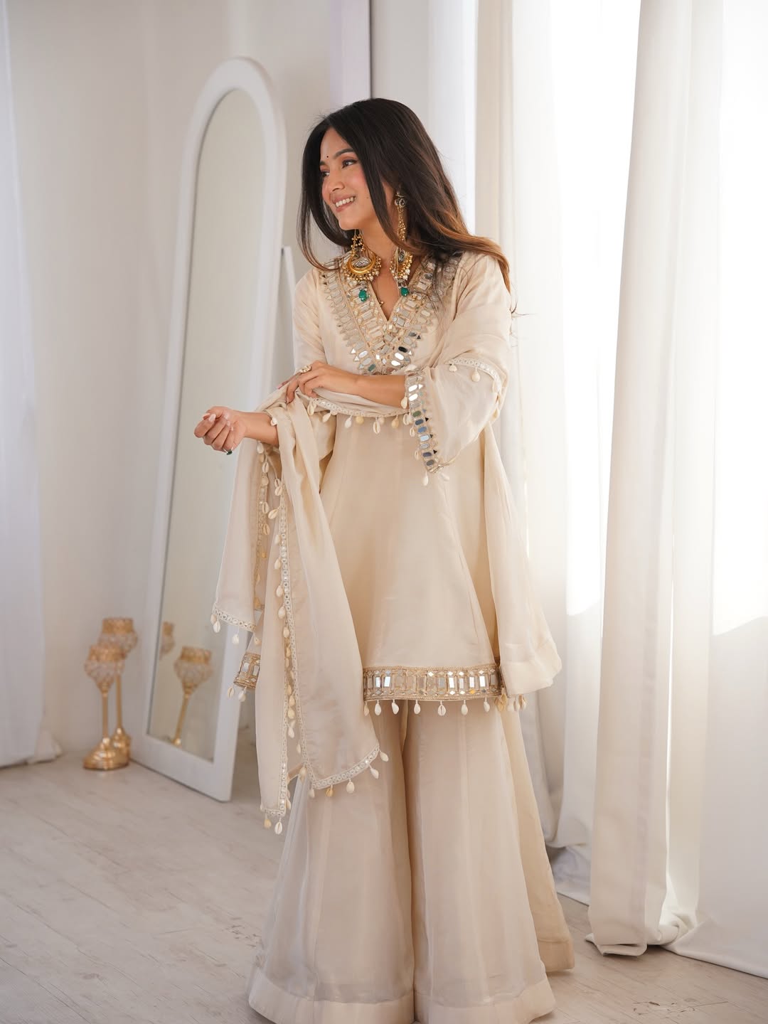 Women's Chinon Mirror Work Palazzo Set with Dupatta