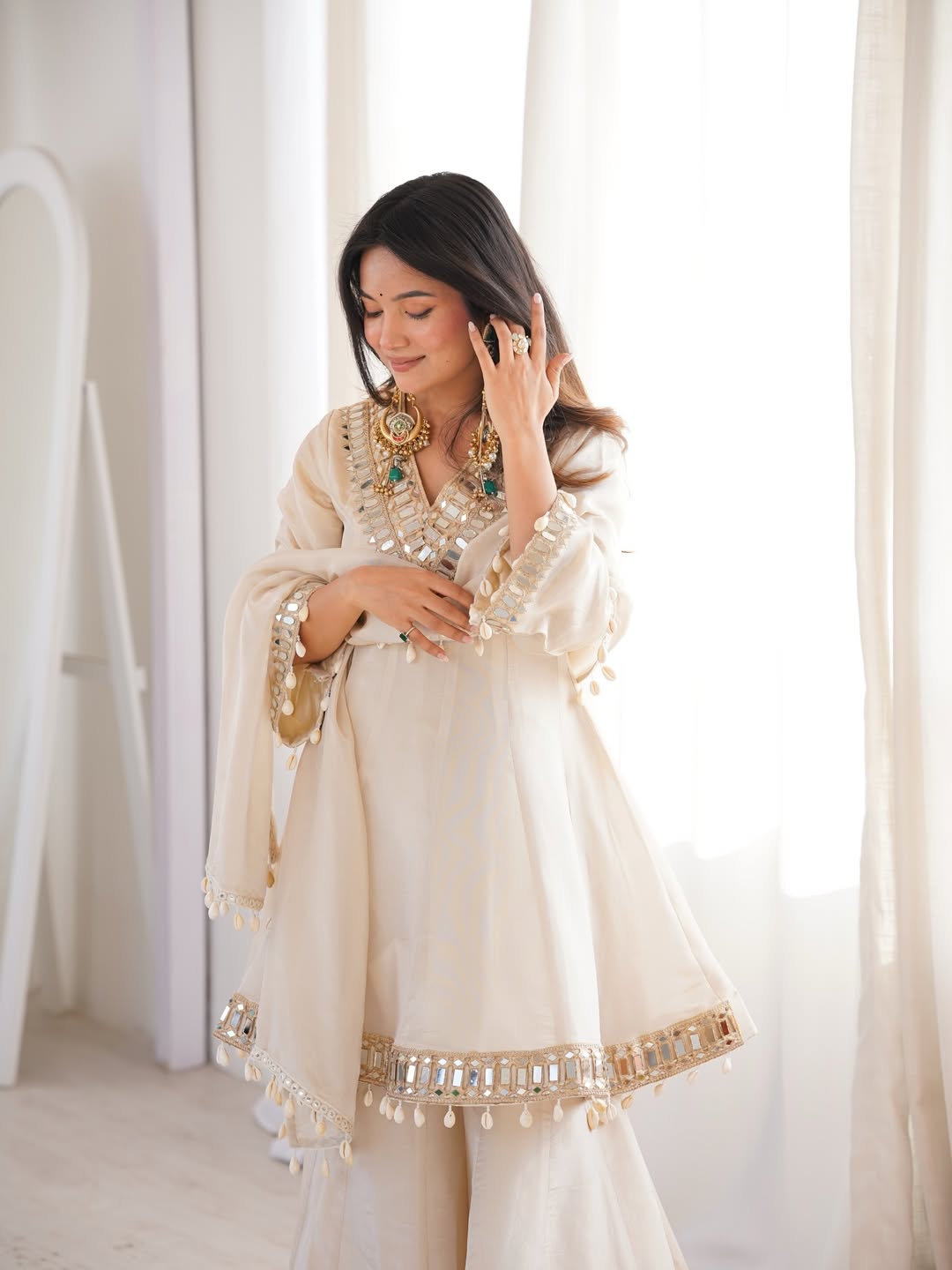 Women's Chinon Mirror Work Palazzo Set with Dupatta