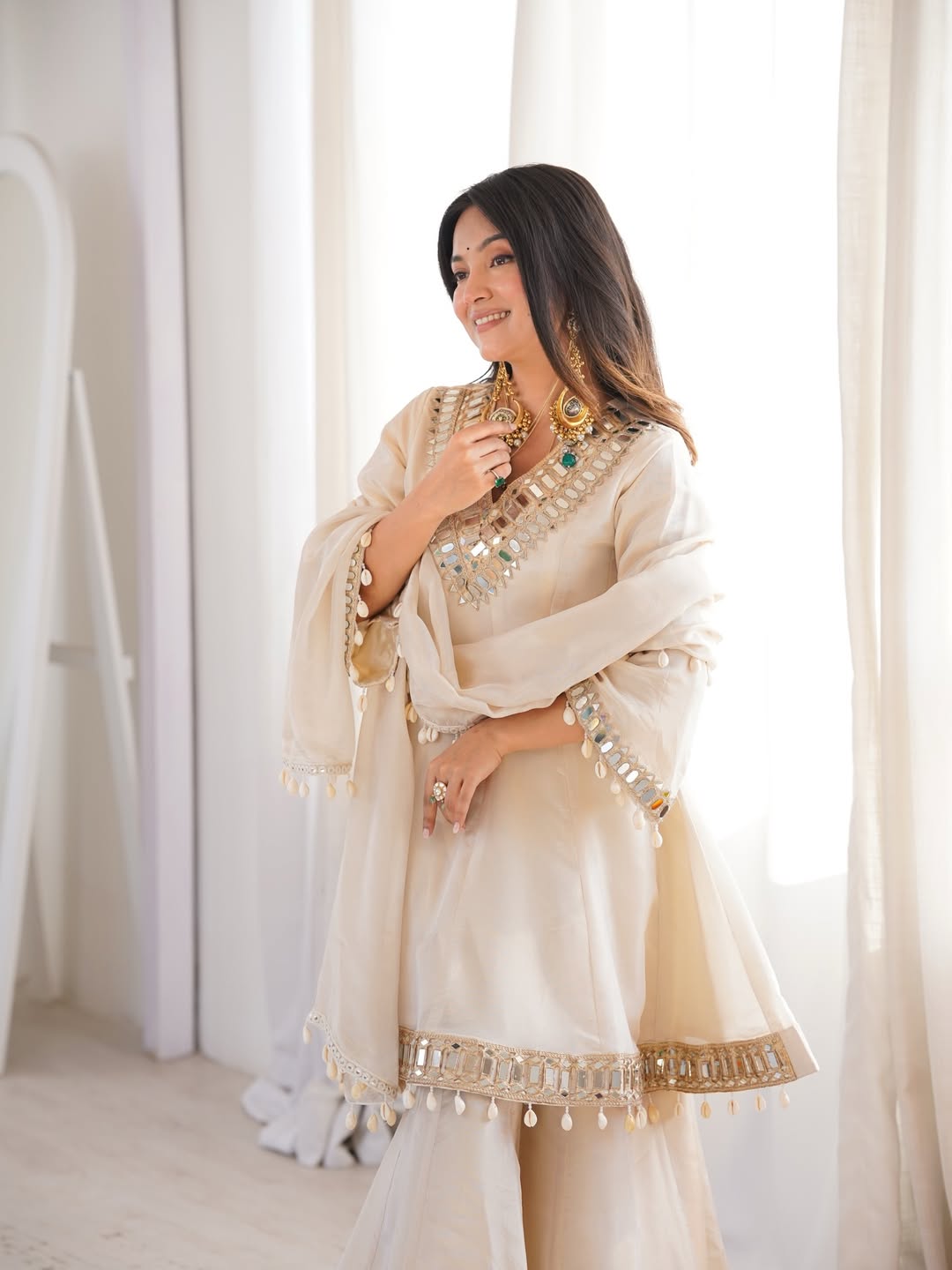 Women's Chinon Mirror Work Palazzo Set with Dupatta