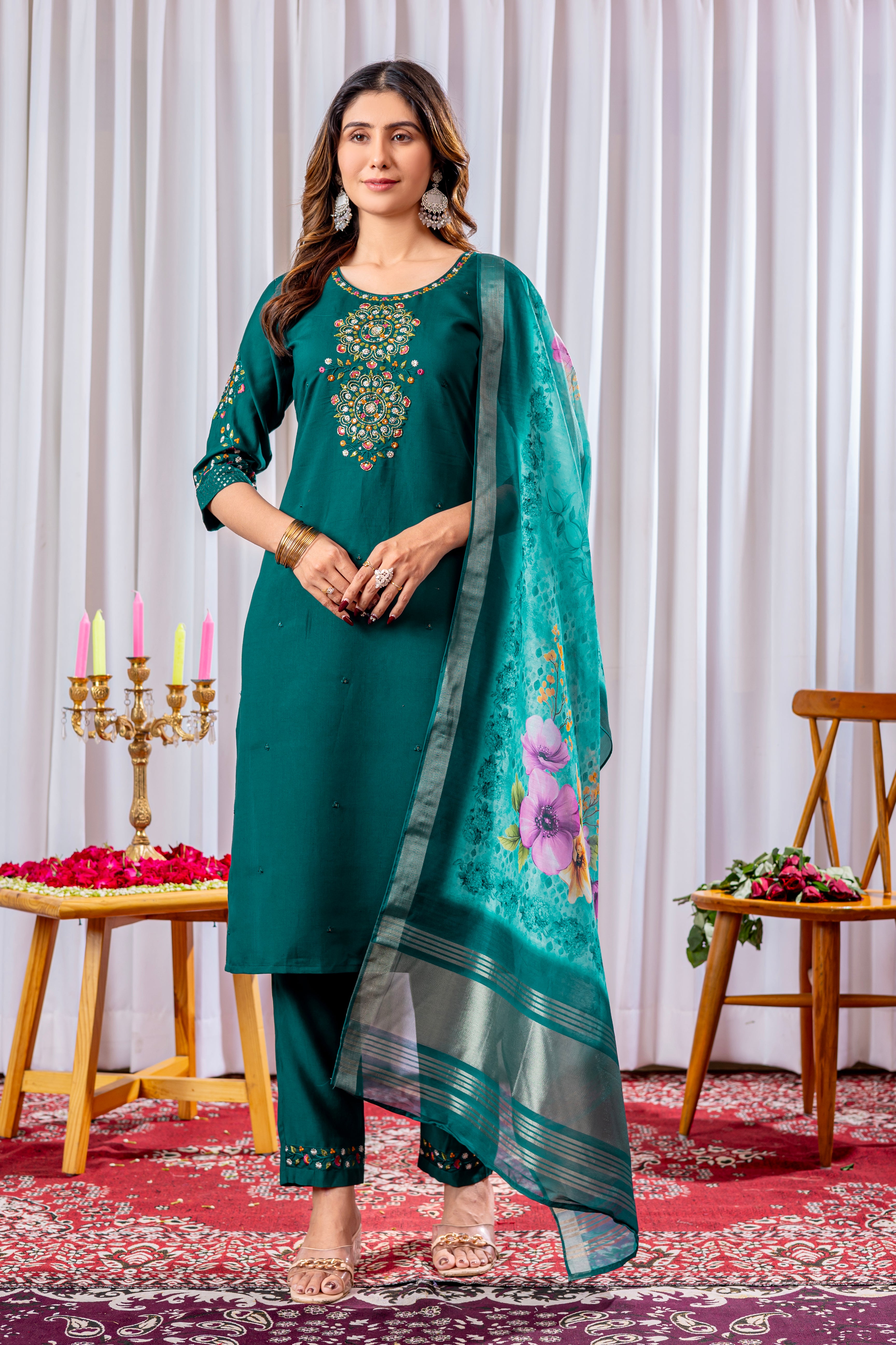 Women's Viscose Silk Straight Kurti Pant Dupatta Set with Multi Embroidery Thread Work & Chanderi Silk Dupatta