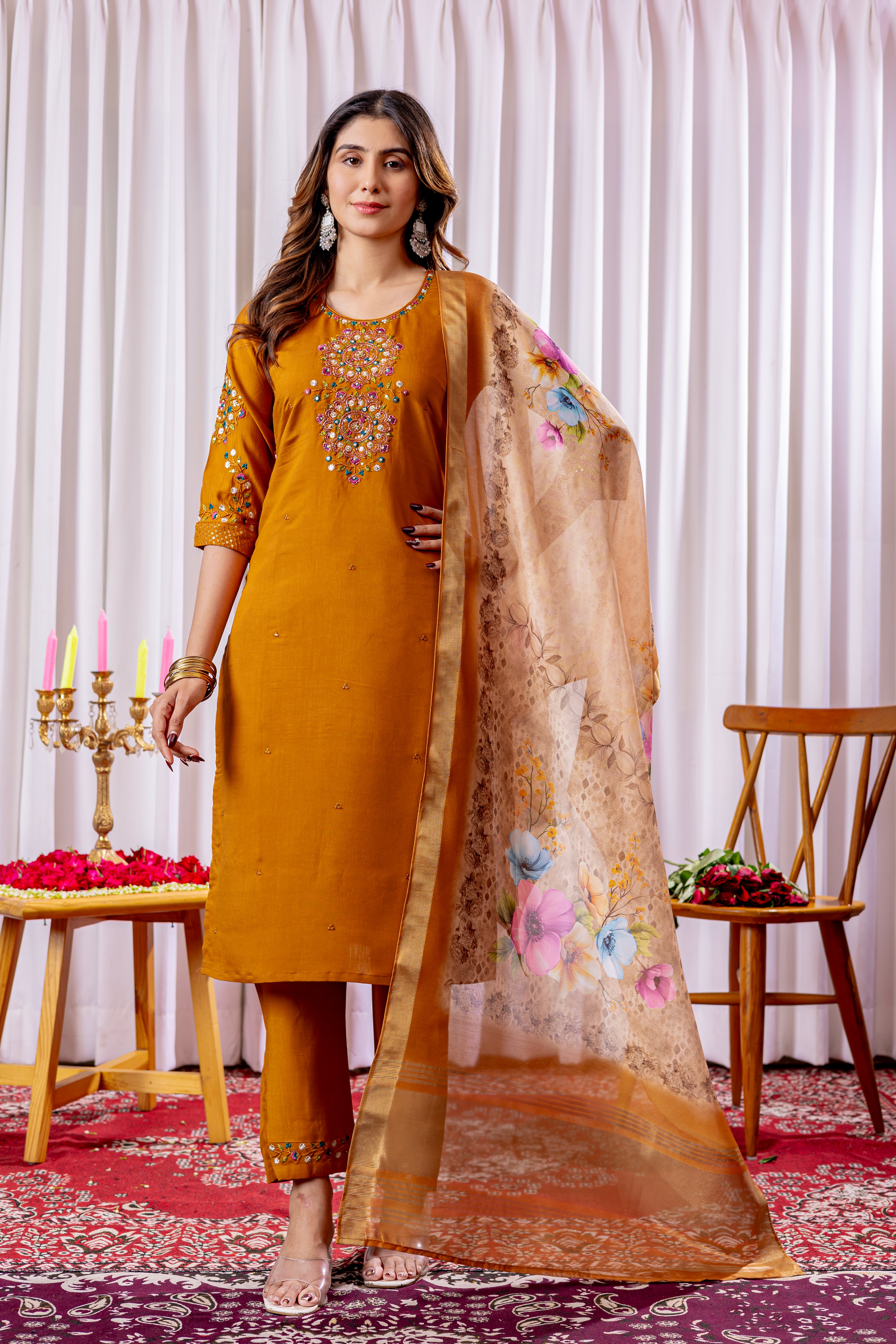 Women's Viscose Silk Straight Kurti Pant Dupatta Set with Multi Embroidery Thread Work & Chanderi Silk Dupatta