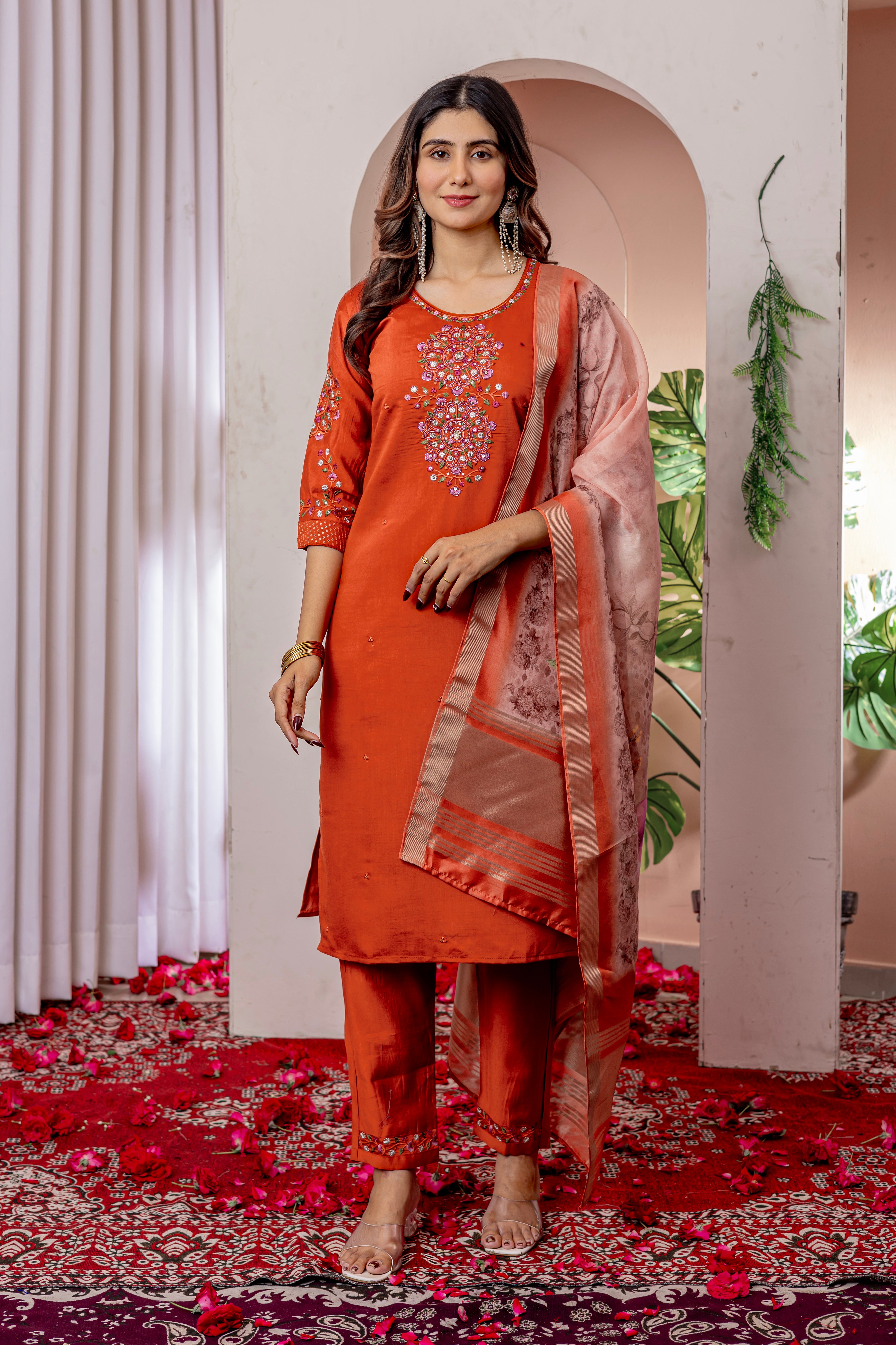 Women's Viscose Silk Straight Kurti Pant Dupatta Set with Multi Embroidery Thread Work & Chanderi Silk Dupatta