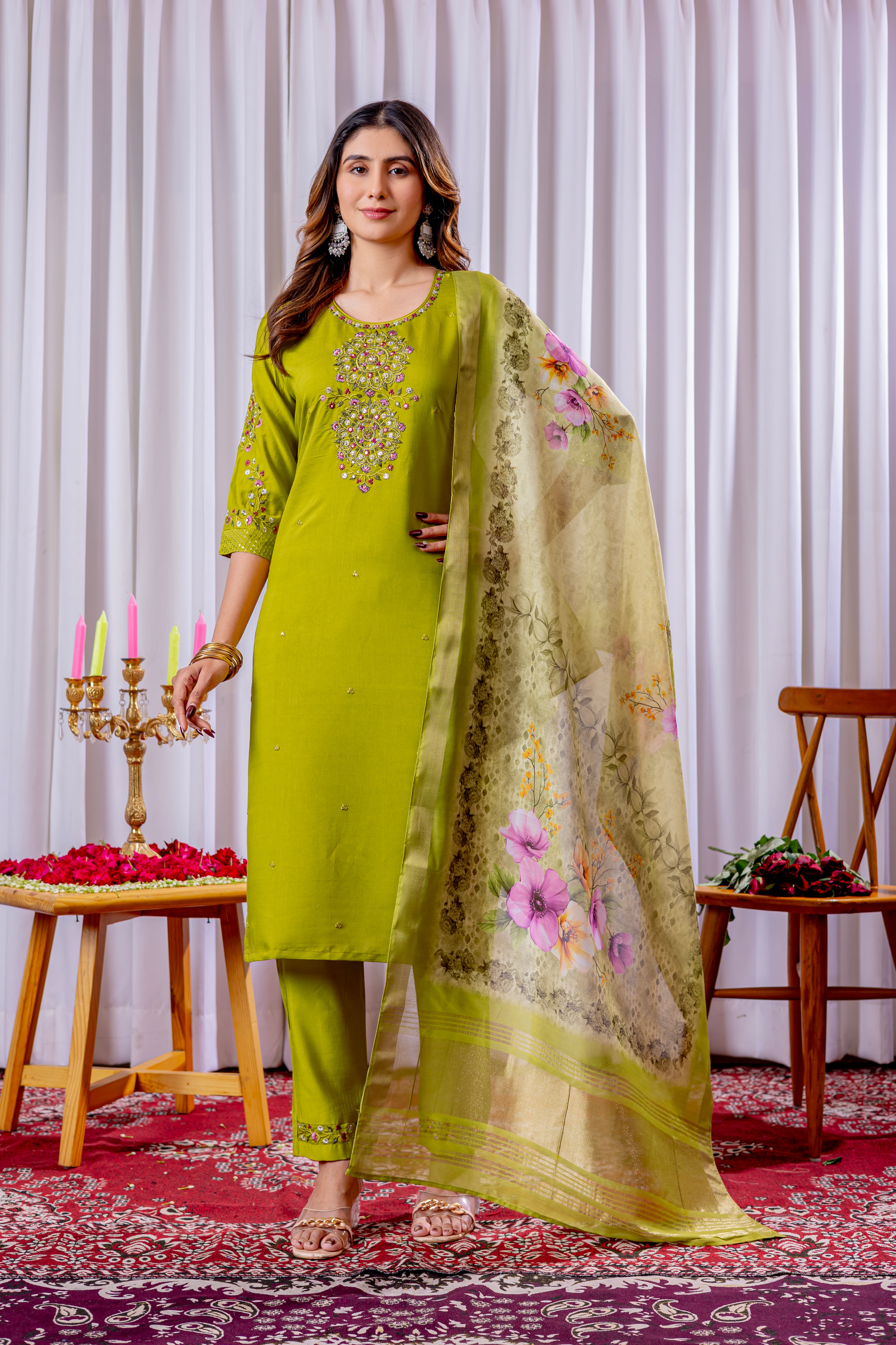 Women's Viscose Silk Straight Kurti Pant Dupatta Set with Multi Embroidery Thread Work & Chanderi Silk Dupatta