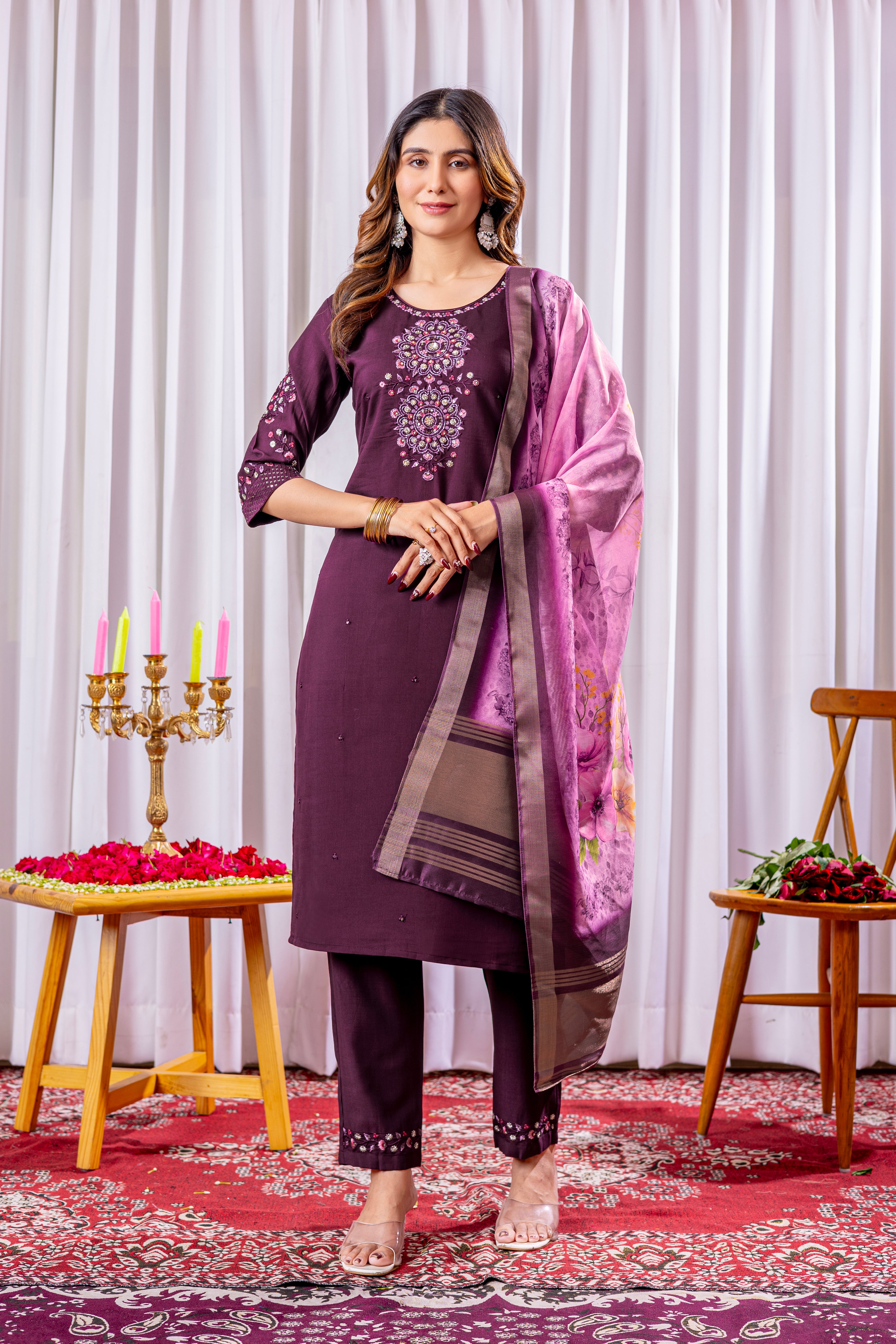 Women's Viscose Silk Straight Kurti Pant Dupatta Set with Multi Embroidery Thread Work & Chanderi Silk Dupatta