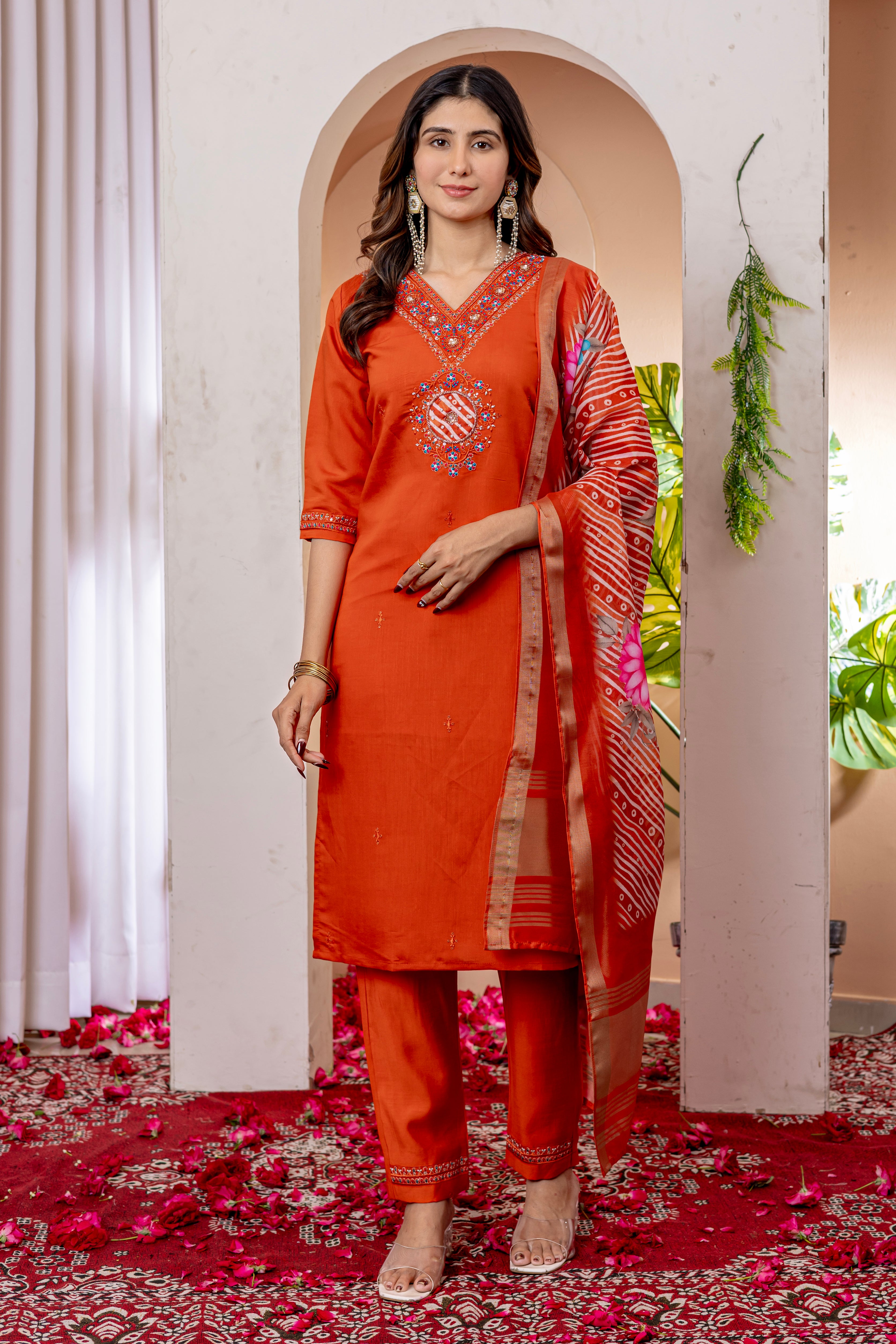 Women's Marina Viscose Silk Straight Kurti Pant Dupatta Set with Multi Embroidery Thread Work & Chanderi Silk Dupatta