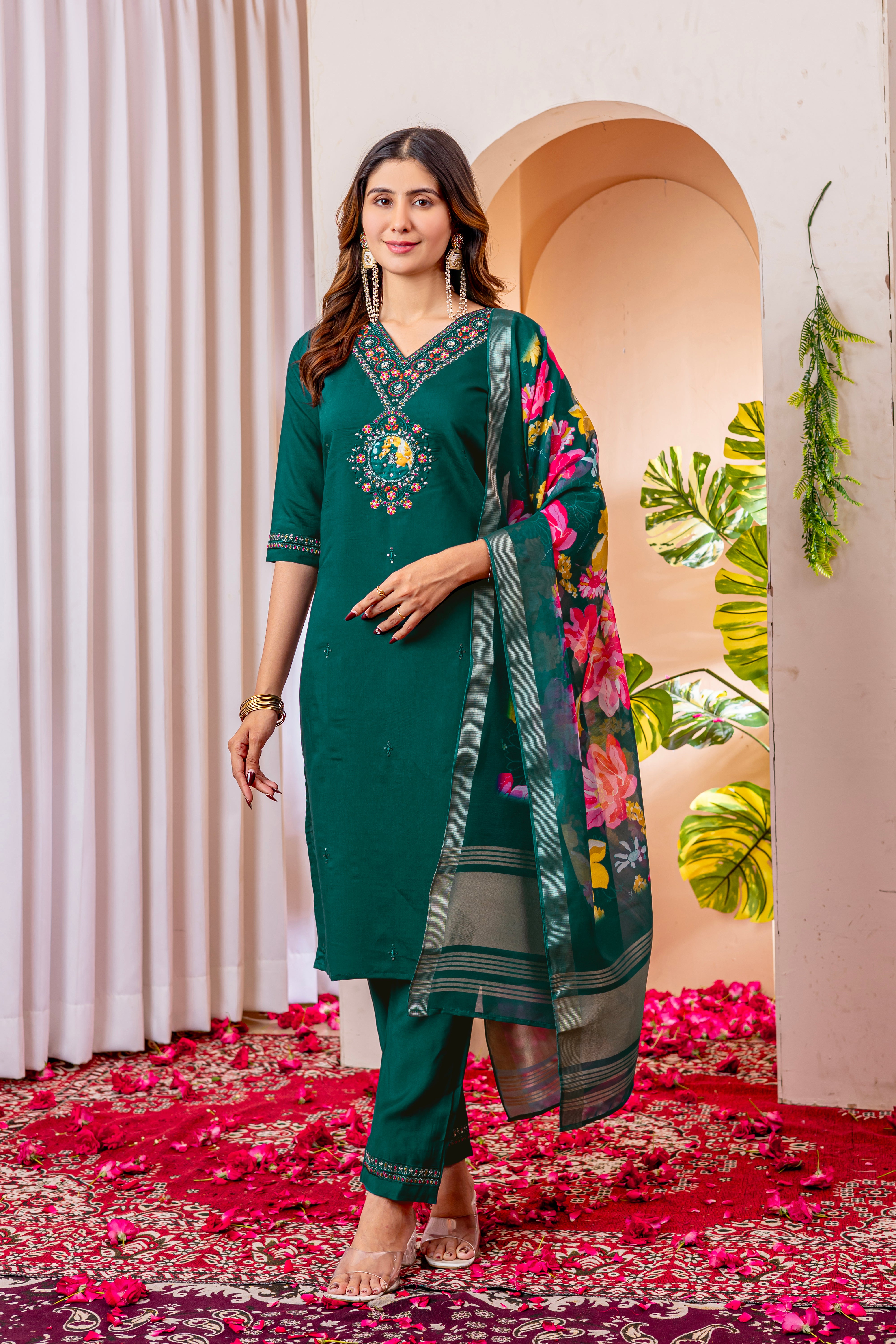 Women's Marina Viscose Silk Straight Kurti Pant Dupatta Set with Multi Embroidery Thread Work & Chanderi Silk Dupatta