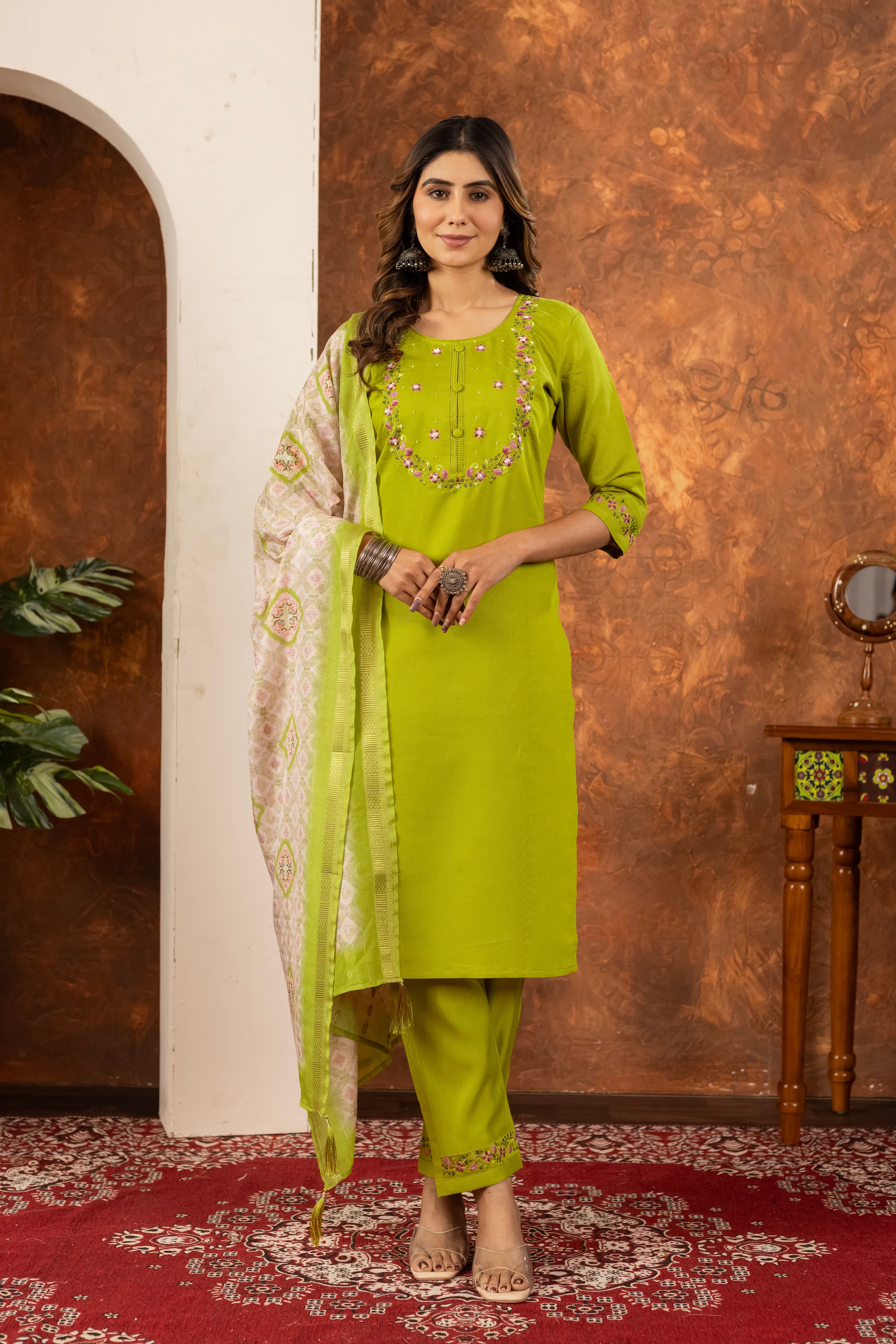 Marina Silk Straight Kurti Pant Dupatta Set with Embroidery Hand Work