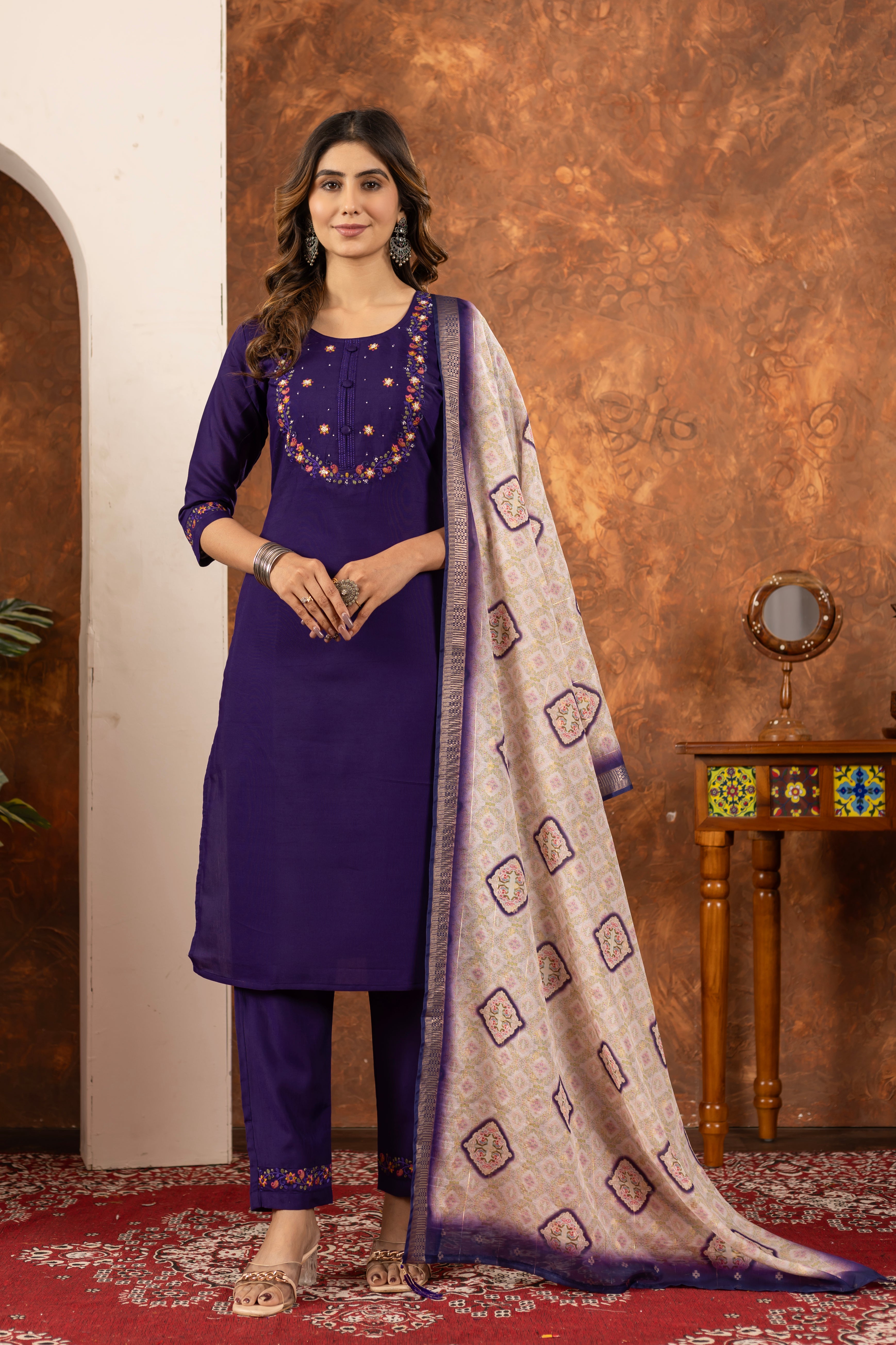 Marina Silk Straight Kurti Pant Dupatta Set with Embroidery Hand Work