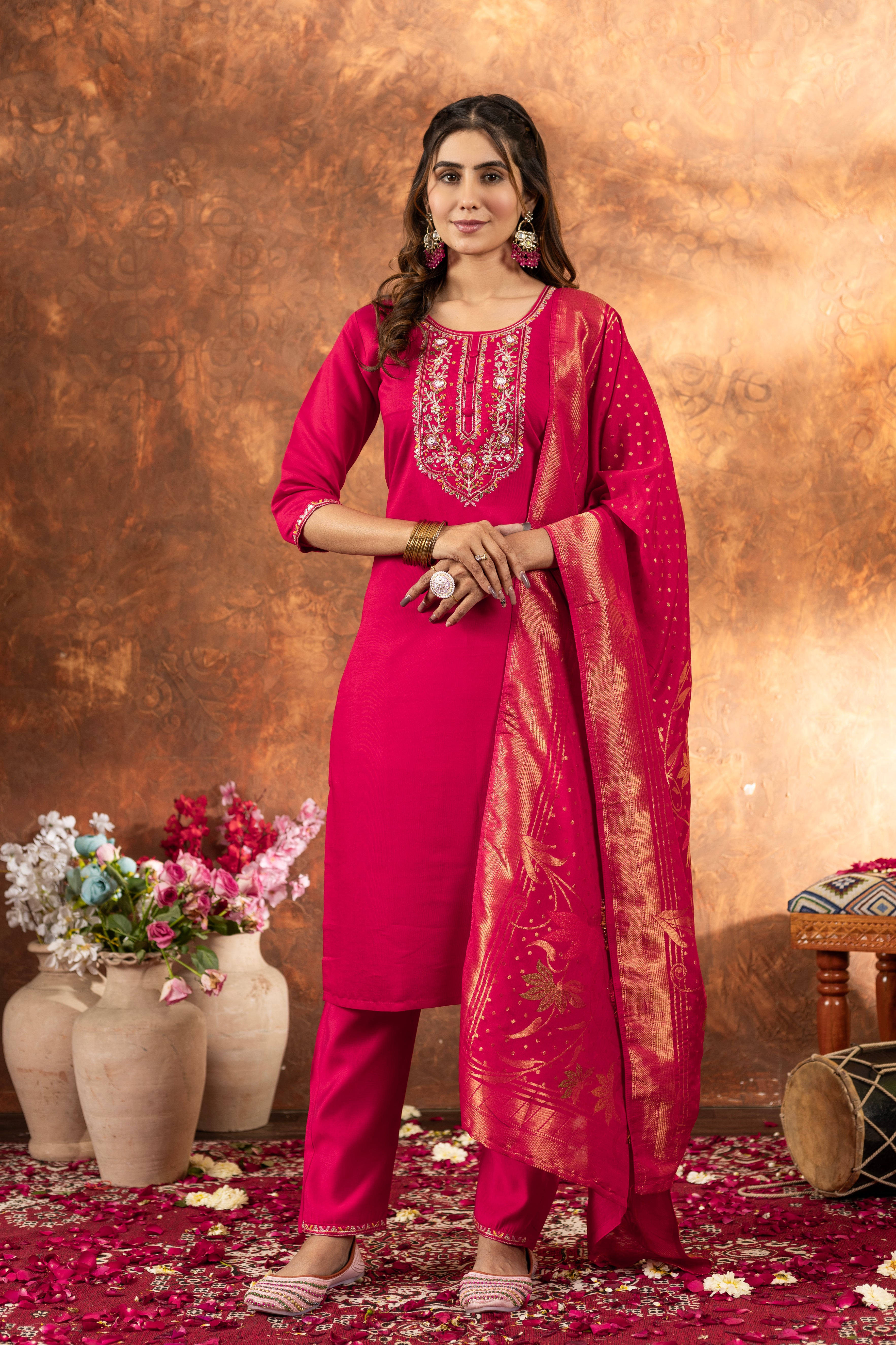 Marina Silk Straight Kurti Pant Dupatta Set with Multi Embroidery Hand Work