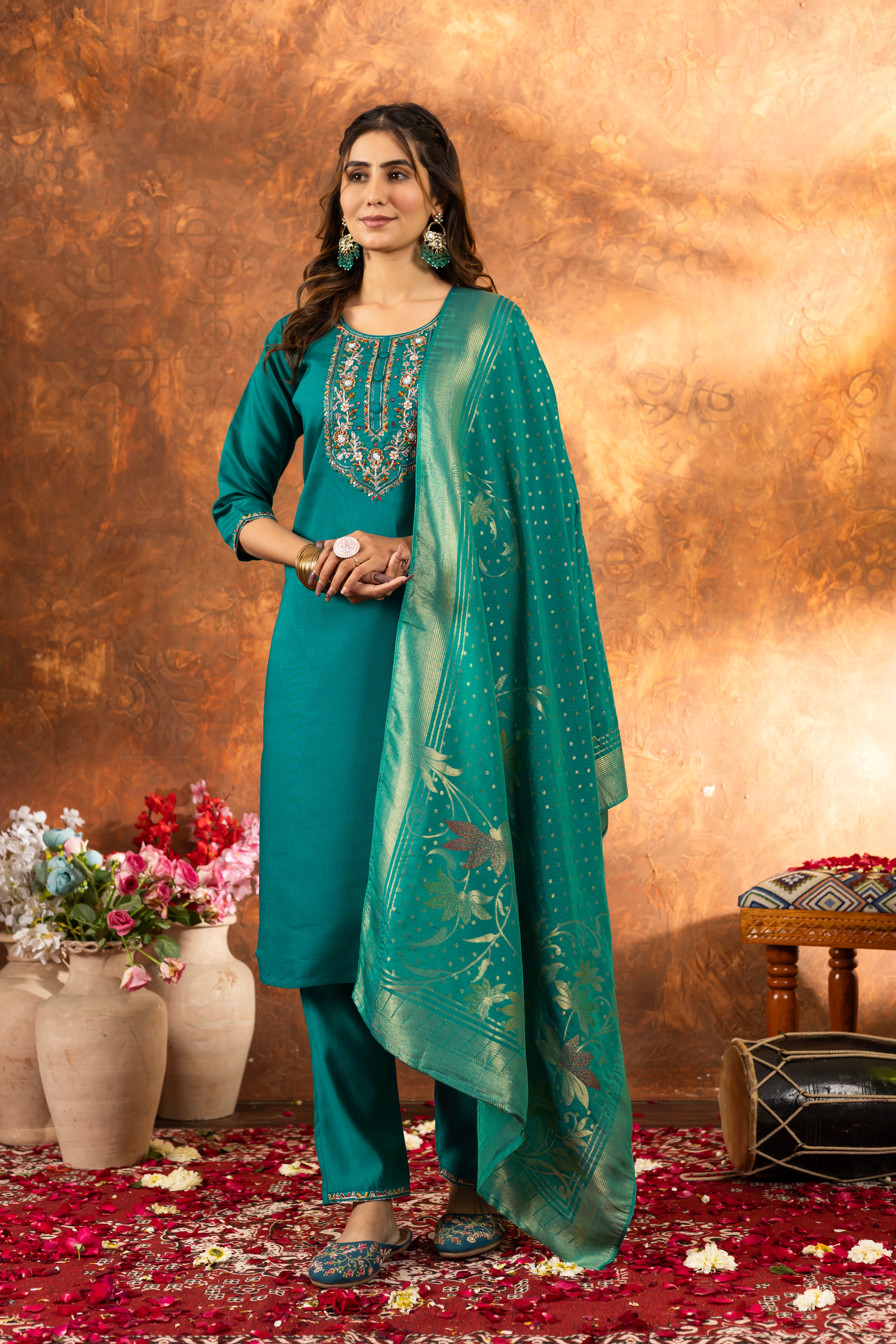 Marina Silk Straight Kurti Pant Dupatta Set with Multi Embroidery Hand Work