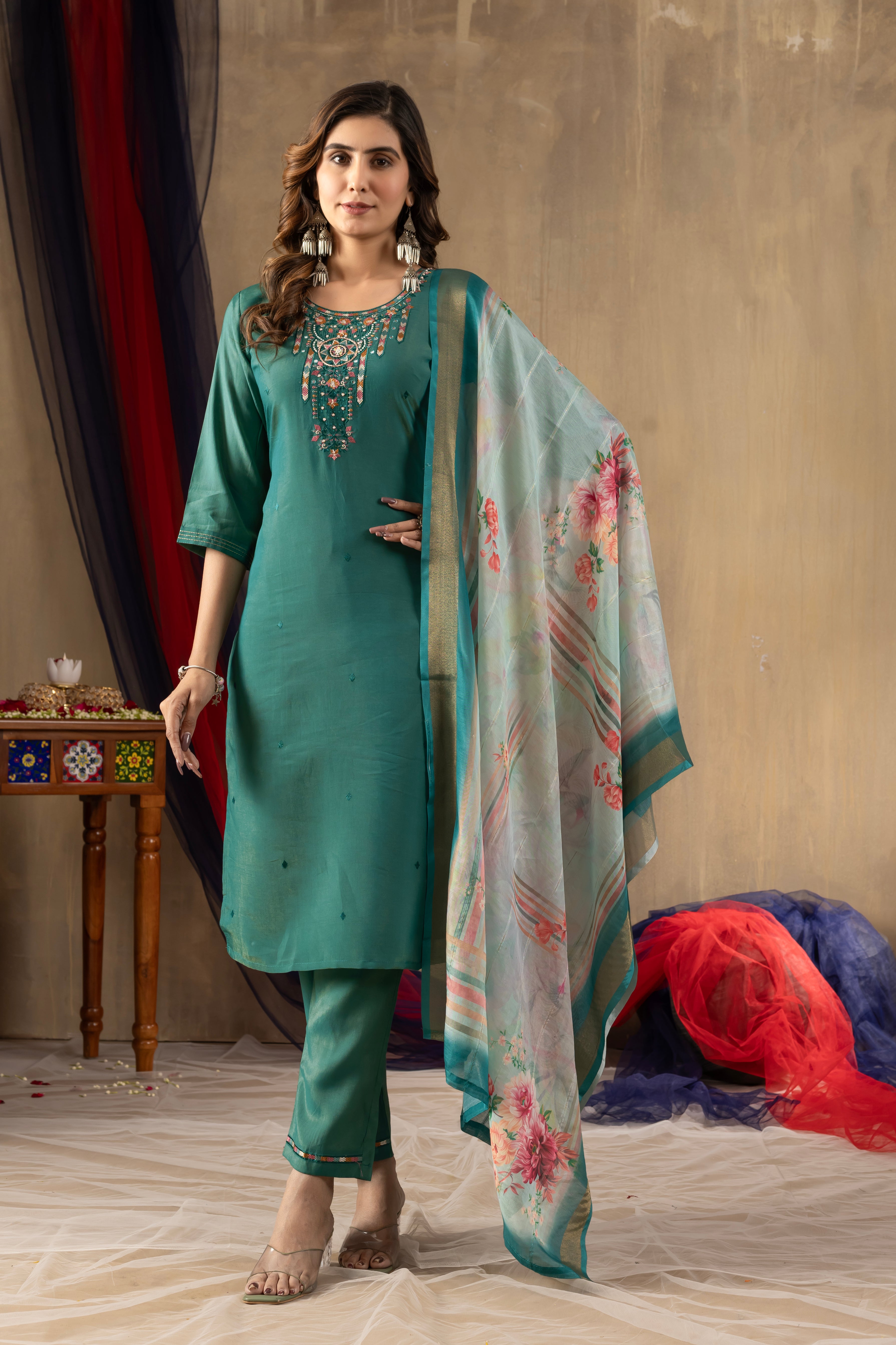 Women's Shimmer Gold Silk Straight Kurti Pant Dupatta Set with Multi Embroidery Hand Work