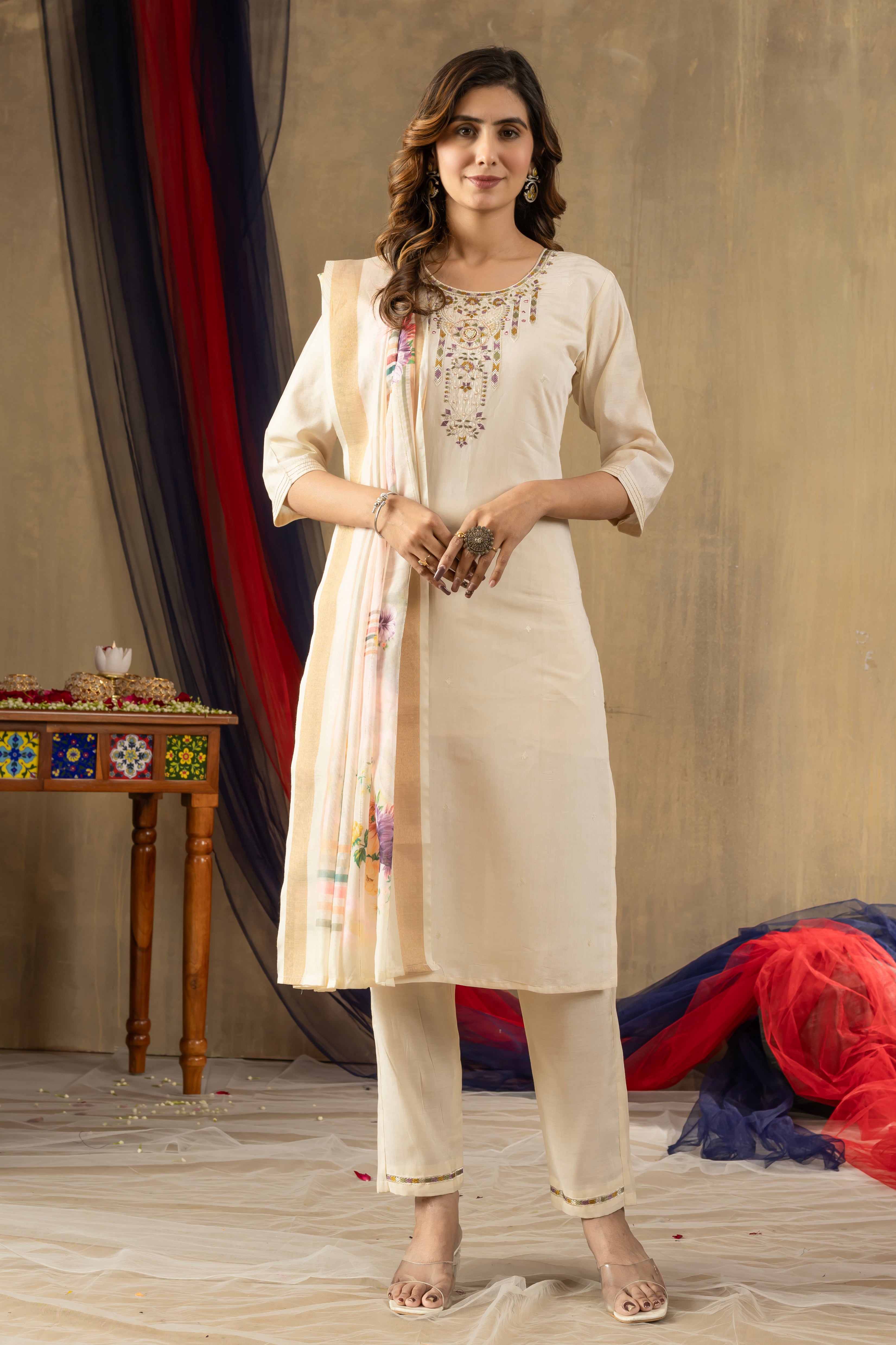 Women's Shimmer Gold Silk Straight Kurti Pant Dupatta Set with Multi Embroidery Hand Work