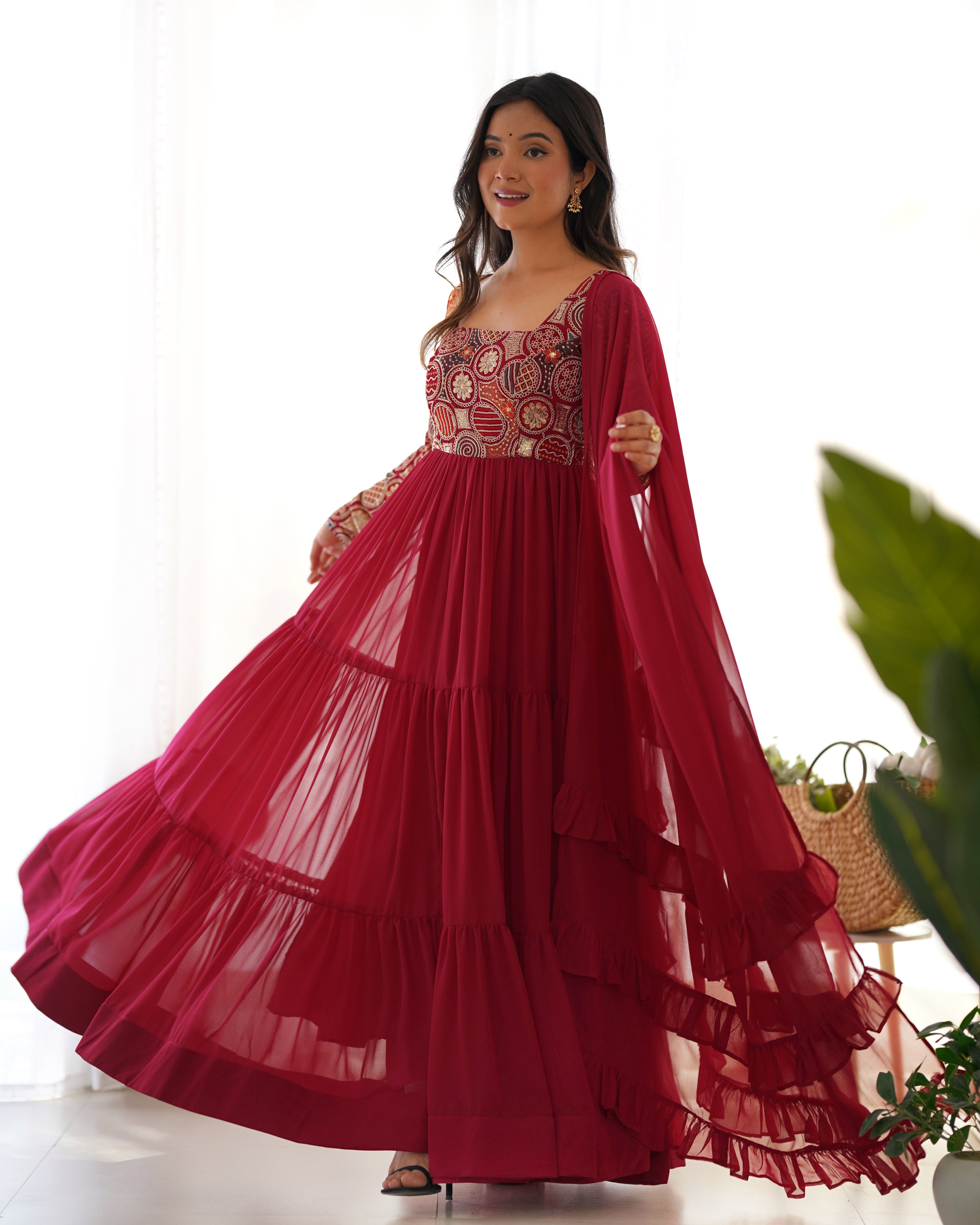 Premium Fox Georgette Fully Flared Anarkali Suit Set with Ruffle Dupatta and Pant