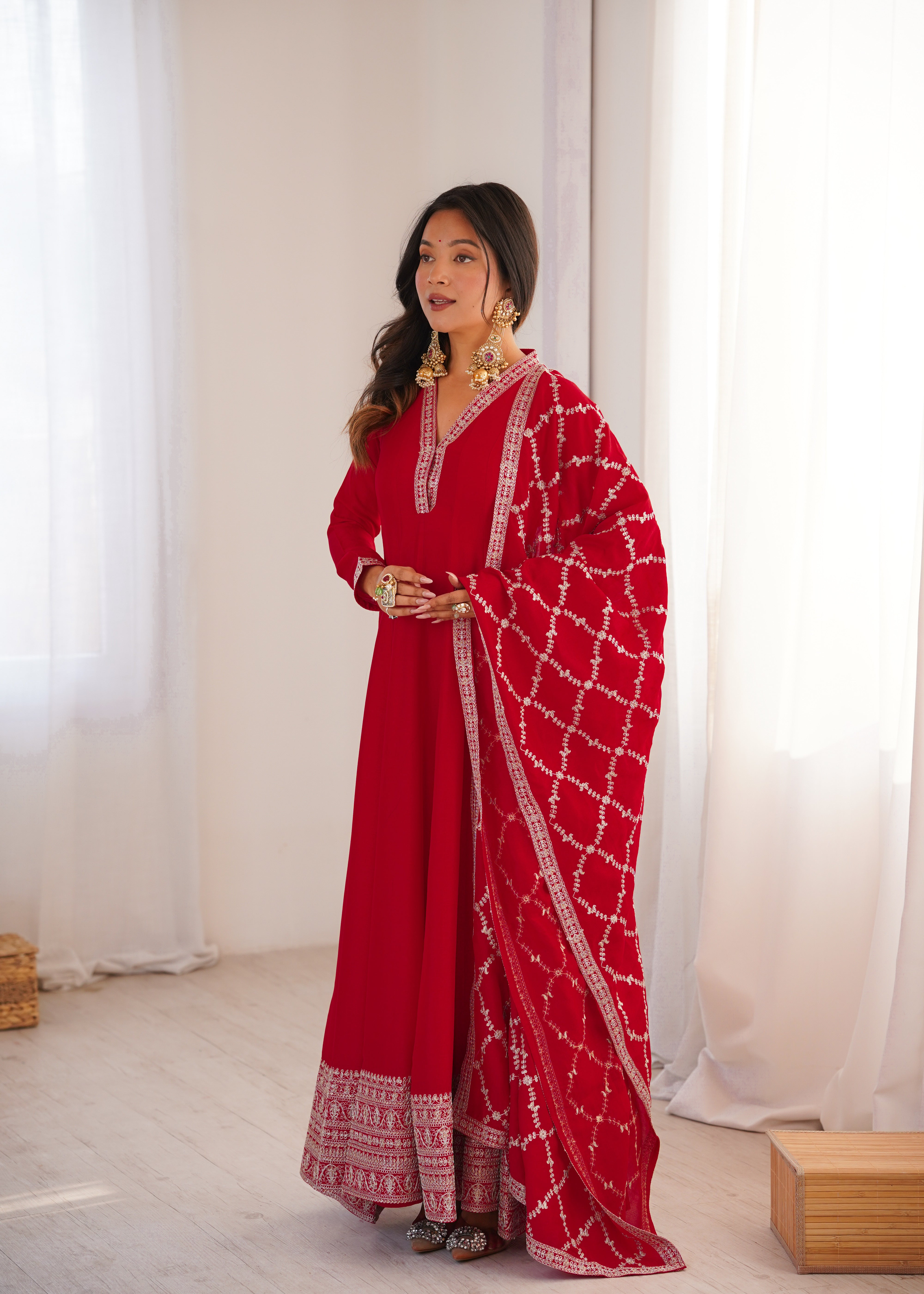 Premium Blooming Vichitra Silk Flared Anarkali Gown with Embroidered Dupatta