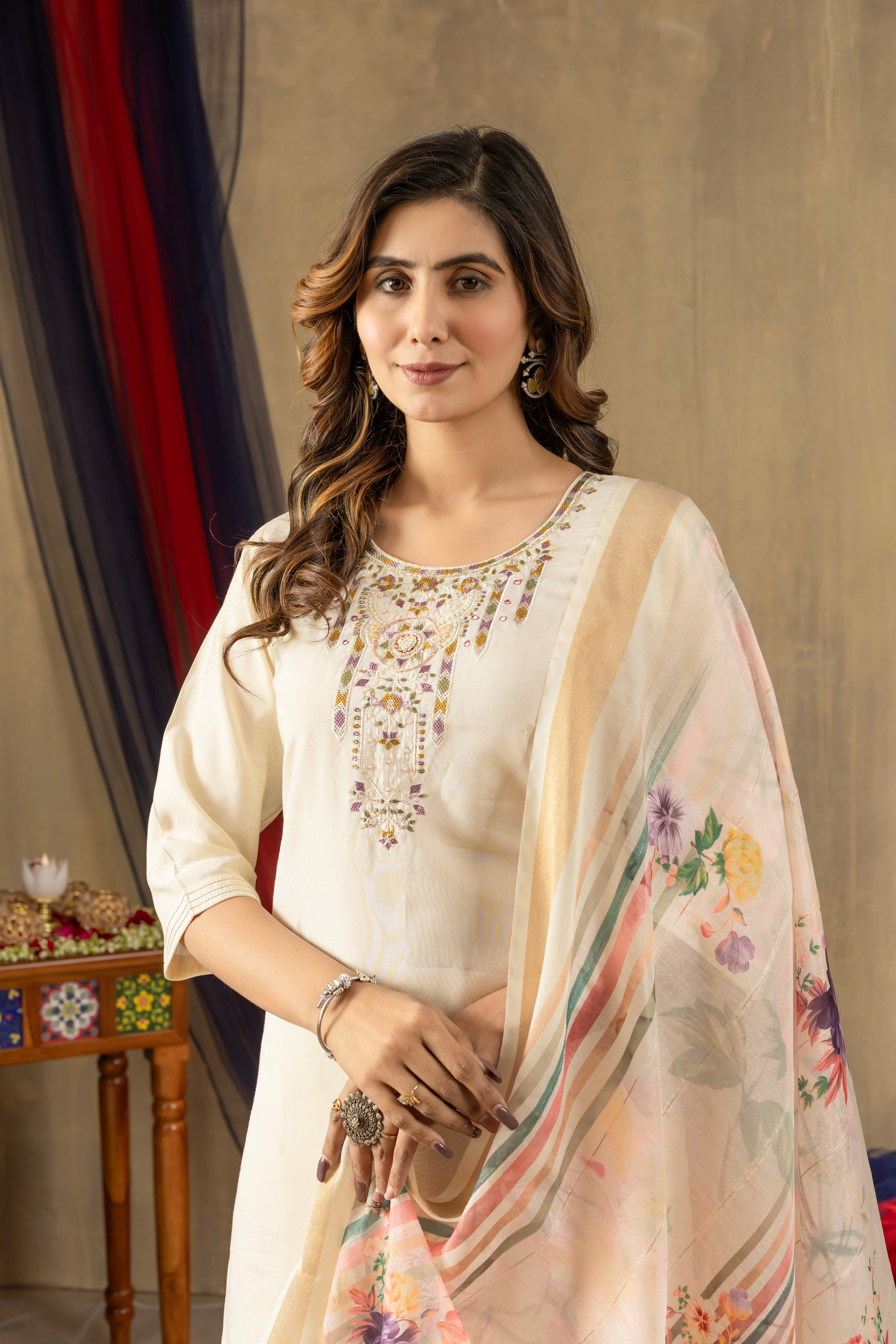 Women's Shimmer Gold Silk Straight Kurti Pant Dupatta Set with Multi Embroidery Hand Work