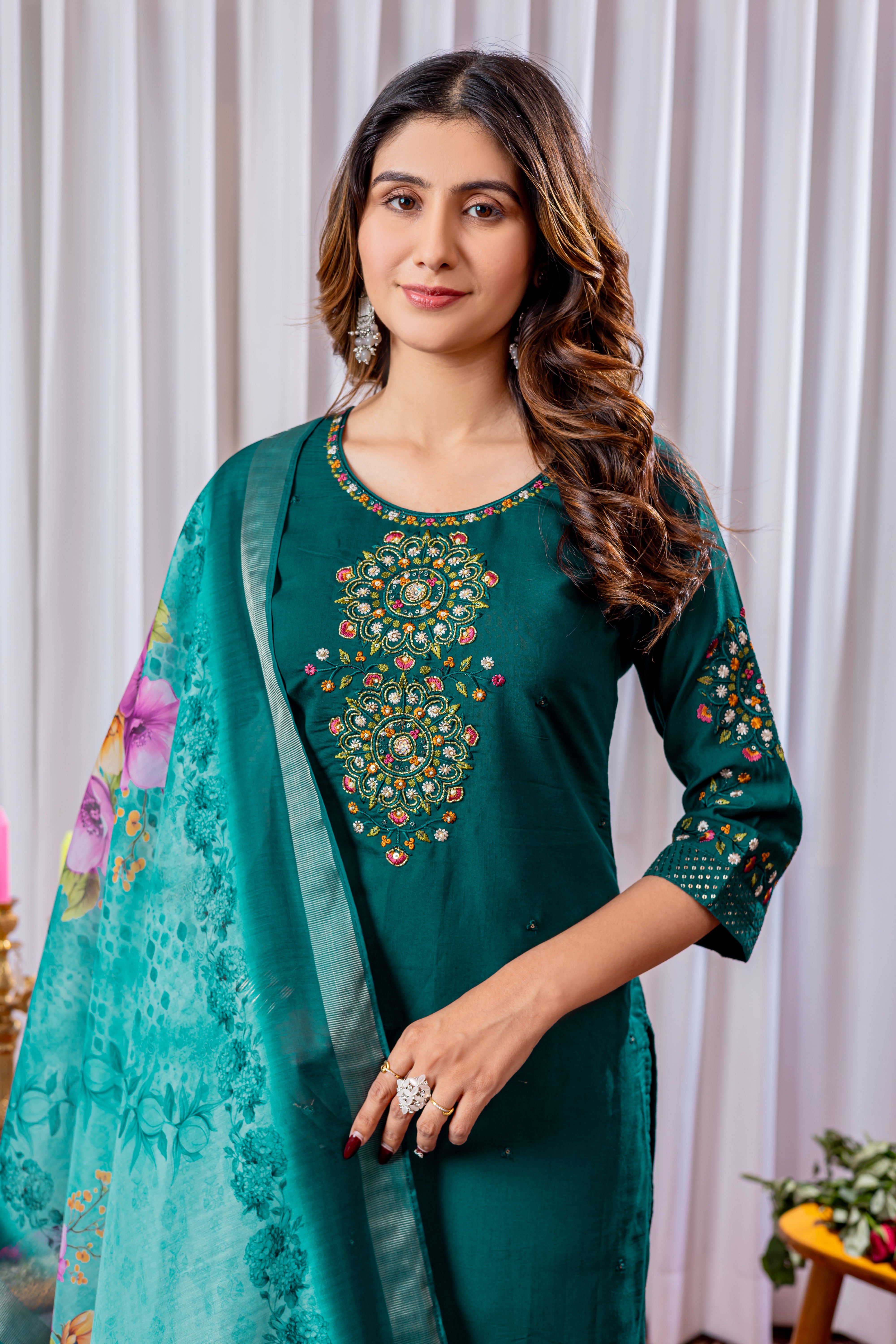 Women's Viscose Silk Straight Kurti Pant Dupatta Set with Multi Embroidery Thread Work & Chanderi Silk Dupatta