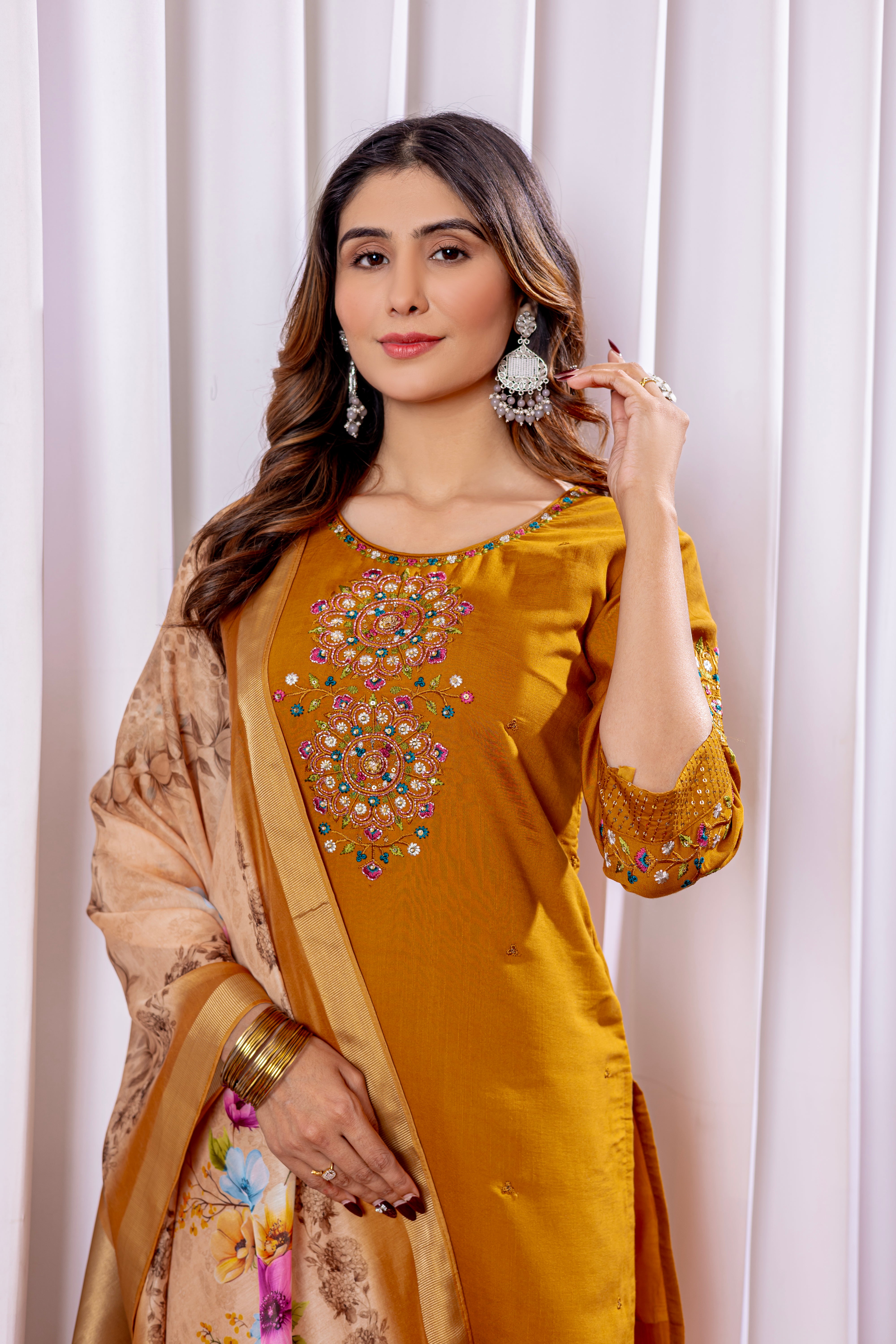 Women's Viscose Silk Straight Kurti Pant Dupatta Set with Multi Embroidery Thread Work & Chanderi Silk Dupatta