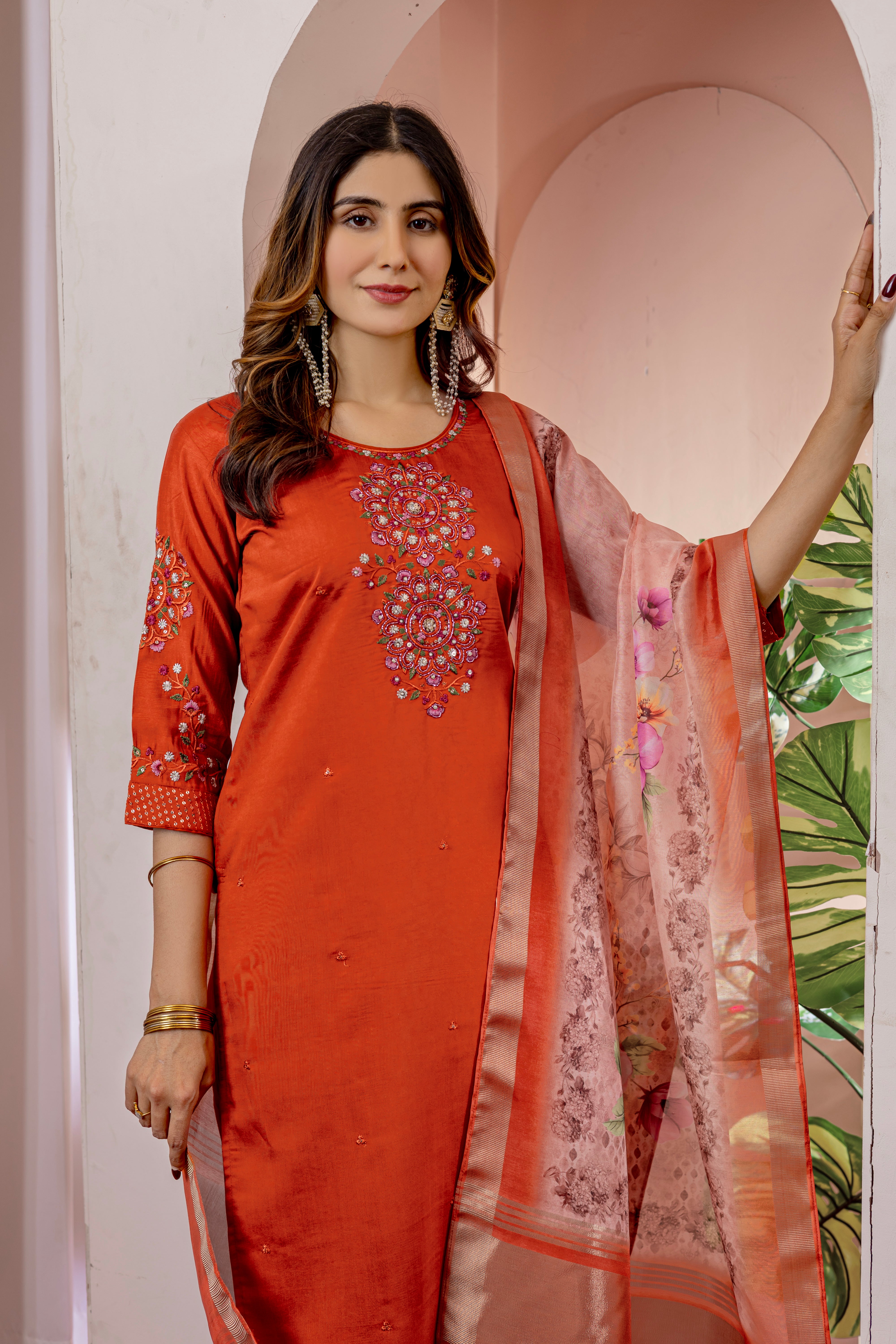 Women's Viscose Silk Straight Kurti Pant Dupatta Set with Multi Embroidery Thread Work & Chanderi Silk Dupatta