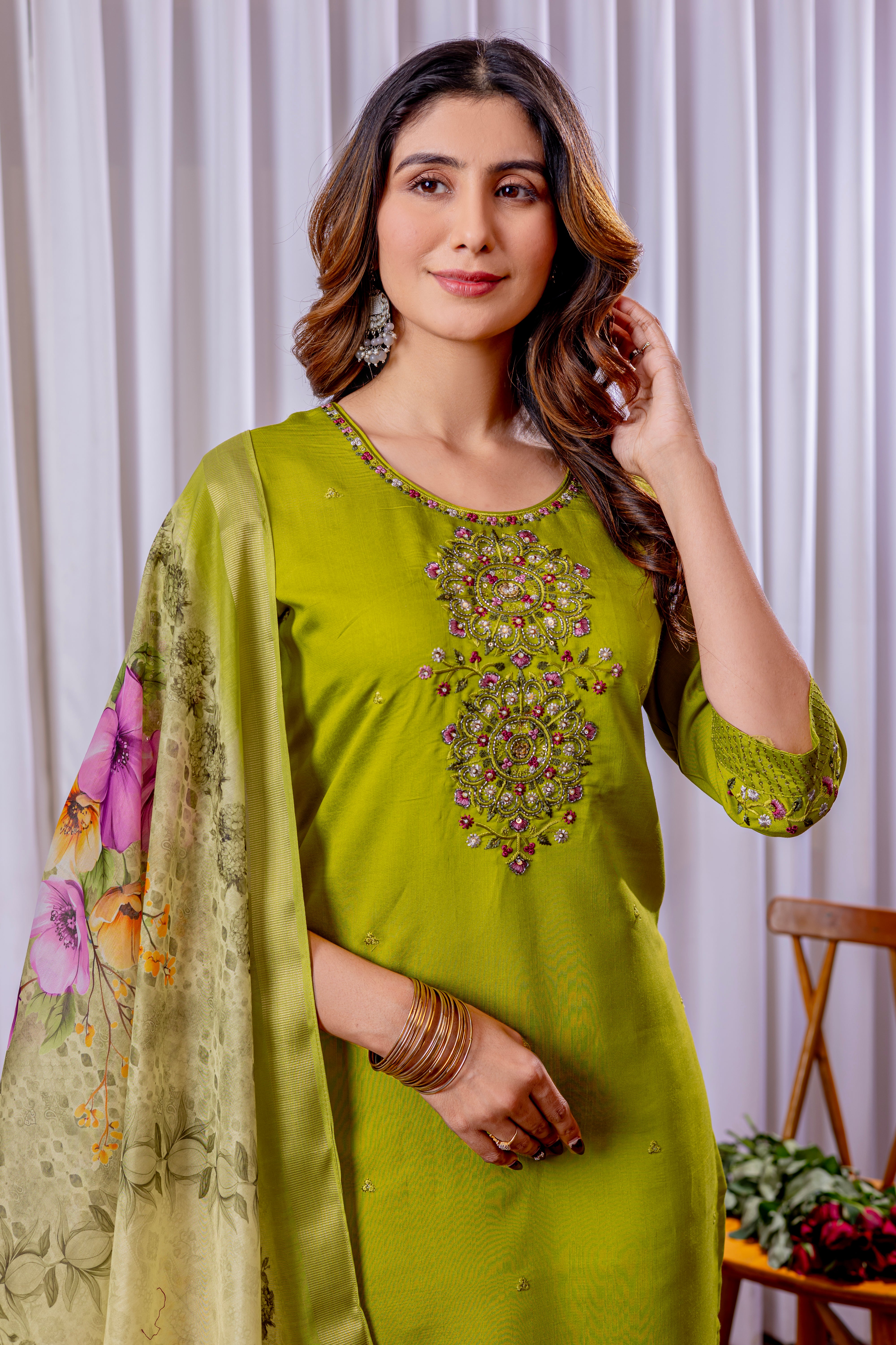 Women's Viscose Silk Straight Kurti Pant Dupatta Set with Multi Embroidery Thread Work & Chanderi Silk Dupatta