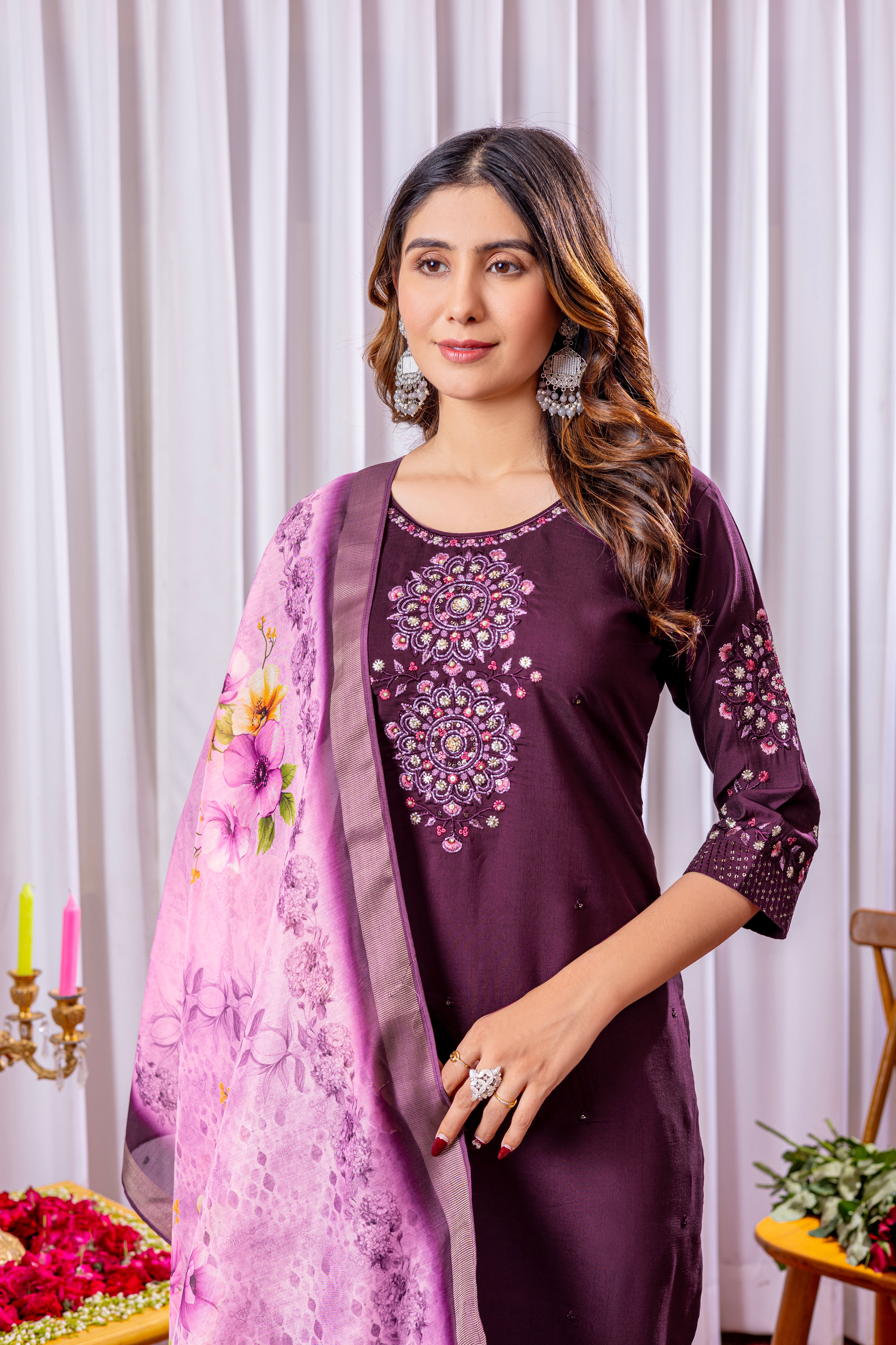 Women's Viscose Silk Straight Kurti Pant Dupatta Set with Multi Embroidery Thread Work & Chanderi Silk Dupatta