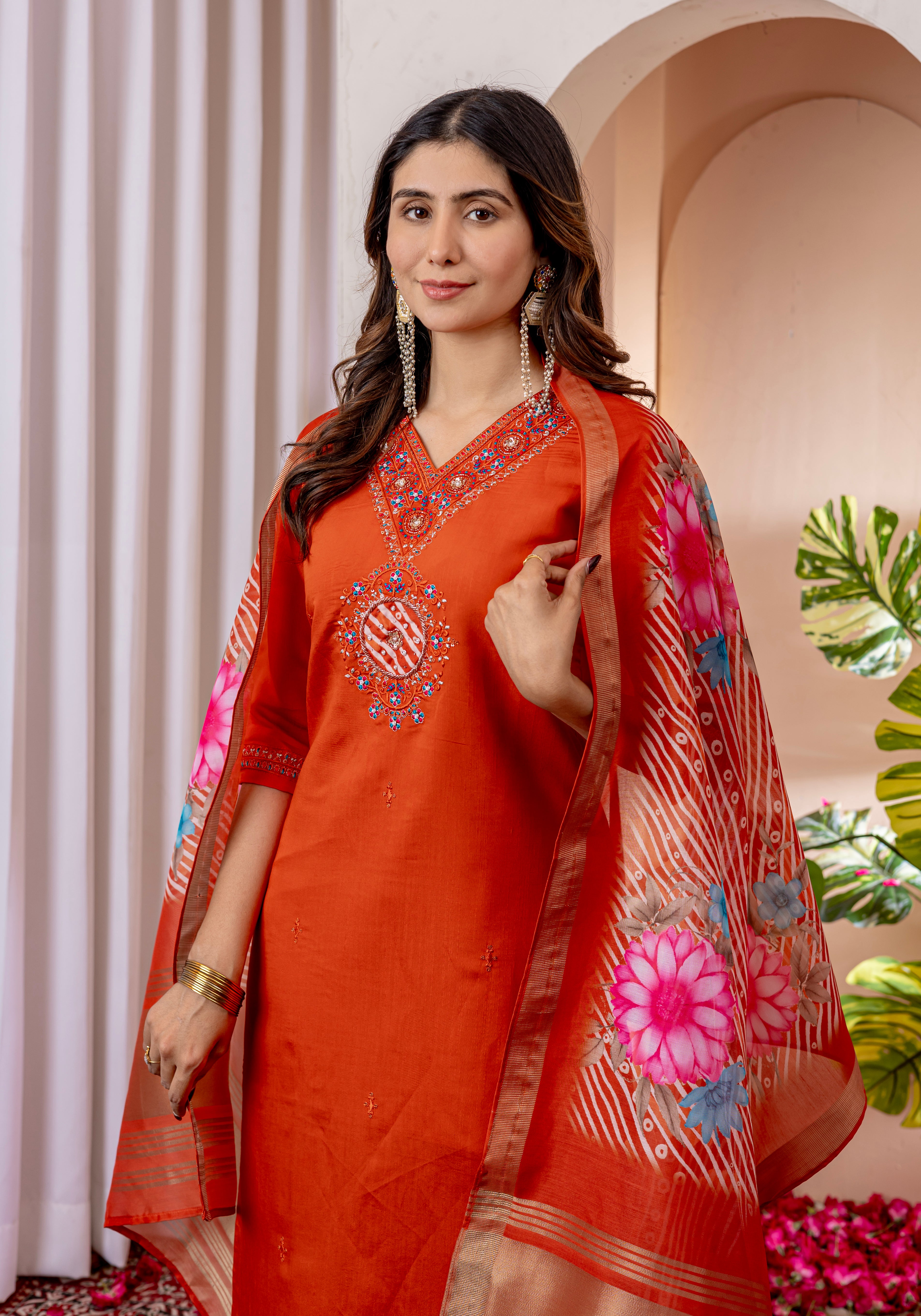 Women's Marina Viscose Silk Straight Kurti Pant Dupatta Set with Multi Embroidery Thread Work & Chanderi Silk Dupatta