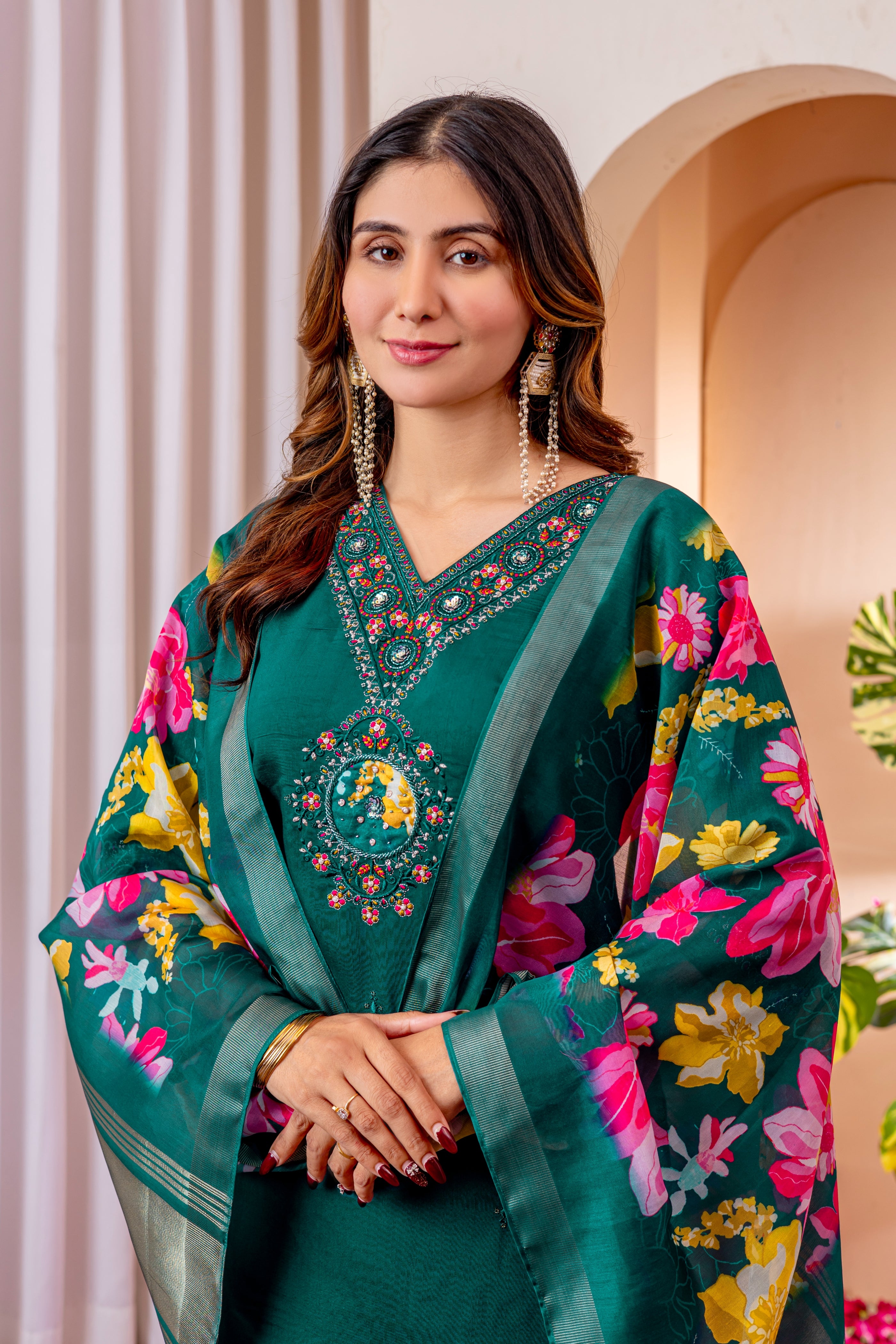 Women's Marina Viscose Silk Straight Kurti Pant Dupatta Set with Multi Embroidery Thread Work & Chanderi Silk Dupatta