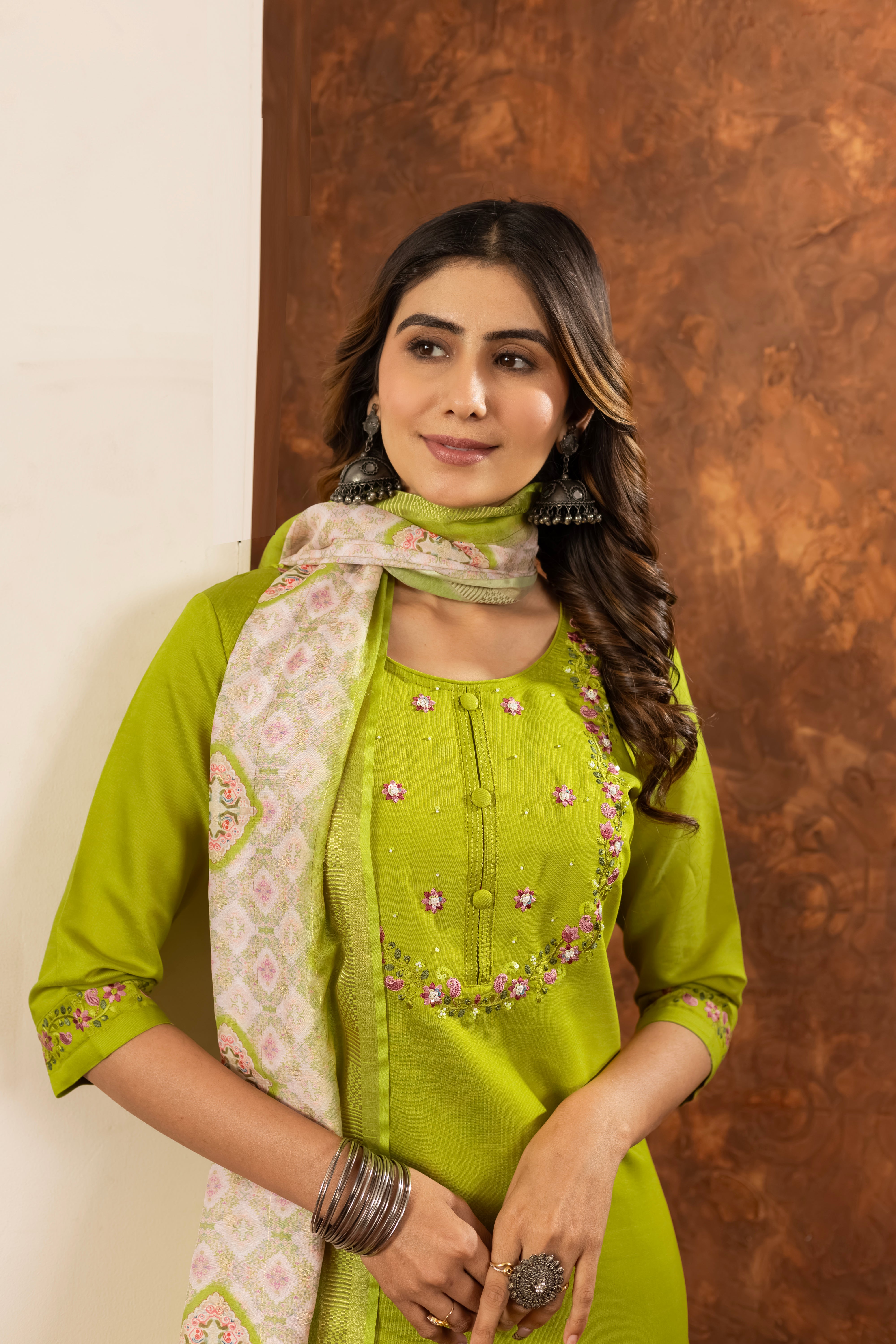 Marina Silk Straight Kurti Pant Dupatta Set with Embroidery Hand Work