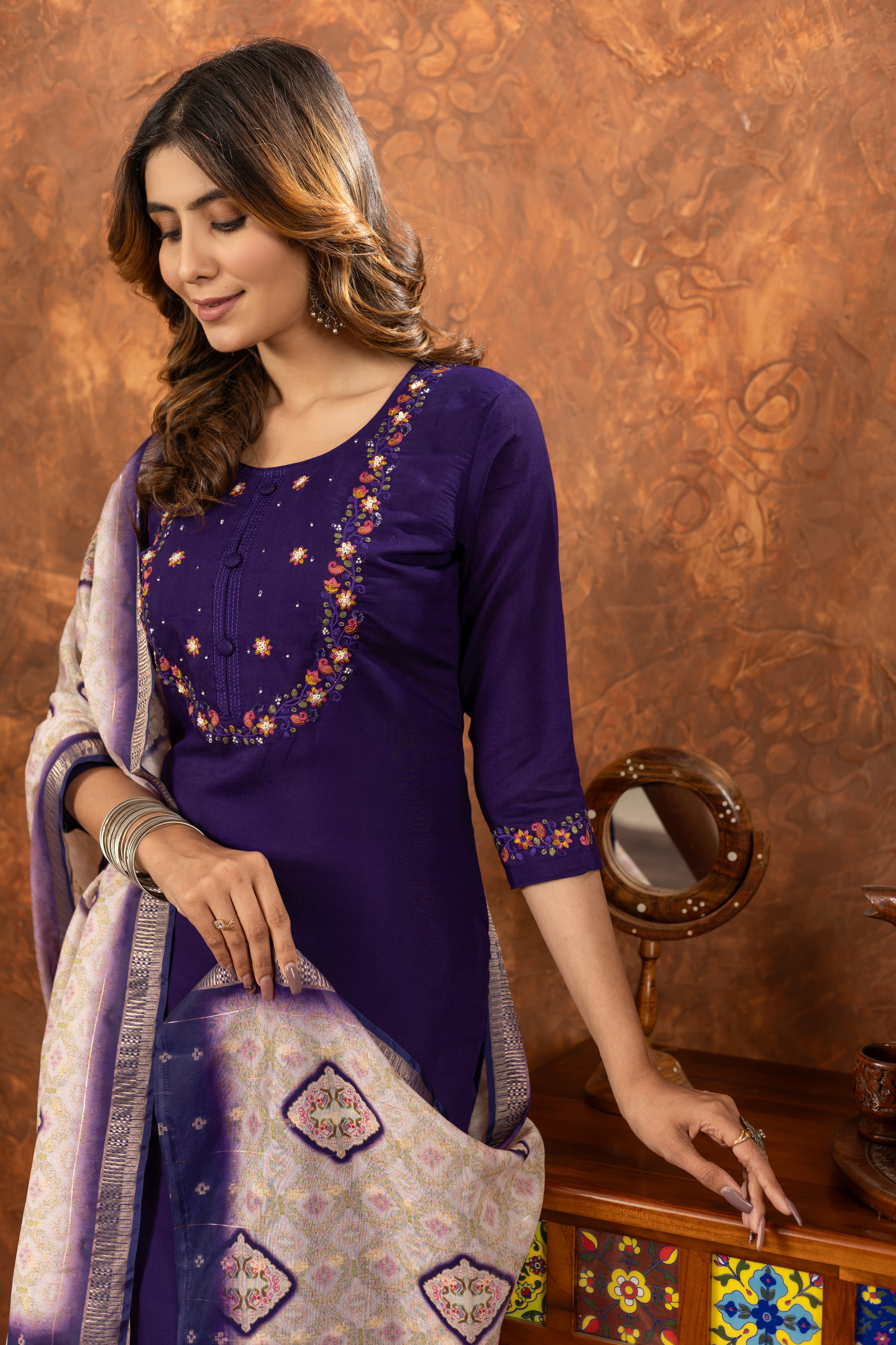 Marina Silk Straight Kurti Pant Dupatta Set with Embroidery Hand Work