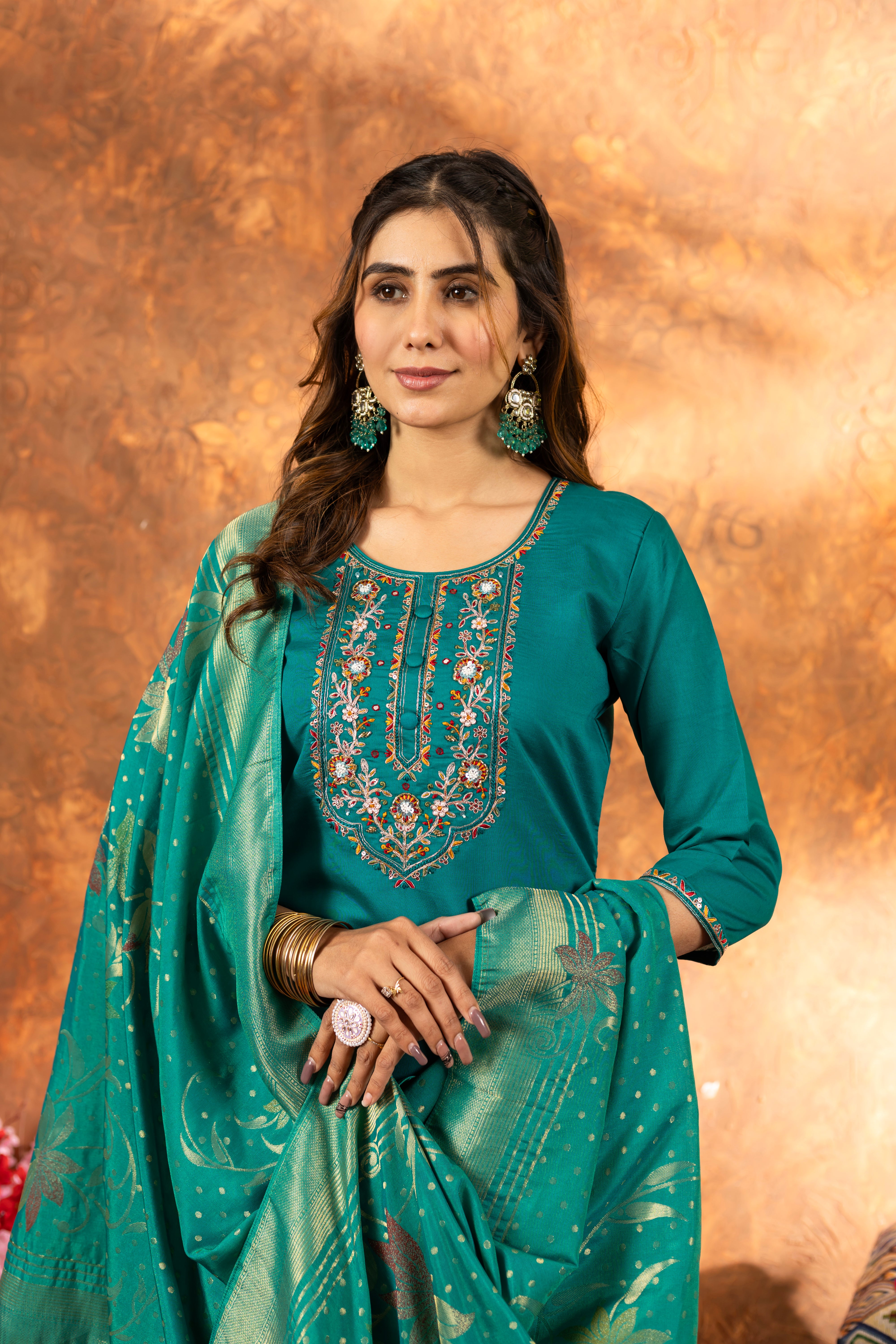 Marina Silk Straight Kurti Pant Dupatta Set with Multi Embroidery Hand Work