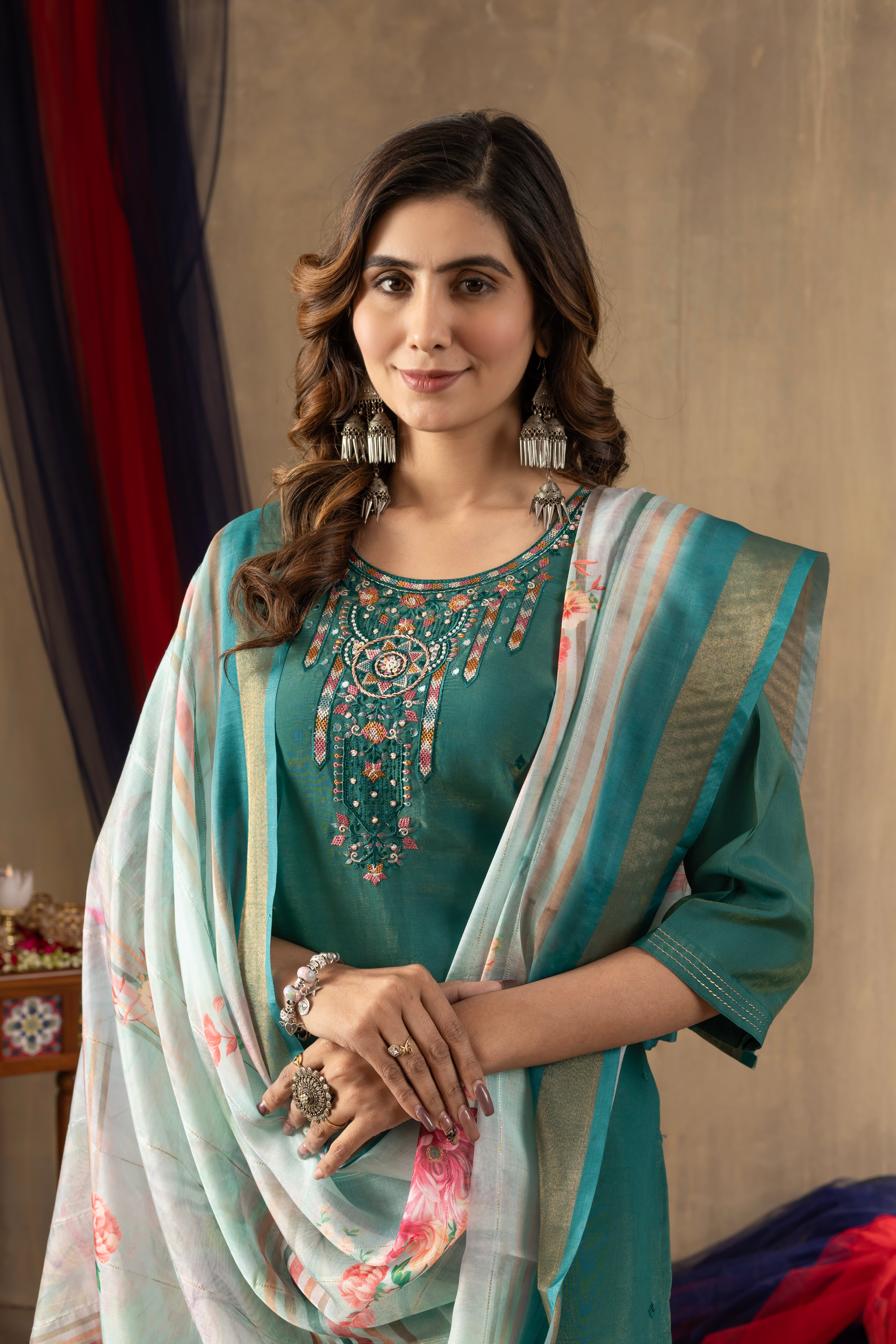 Women's Shimmer Gold Silk Straight Kurti Pant Dupatta Set with Multi Embroidery Hand Work