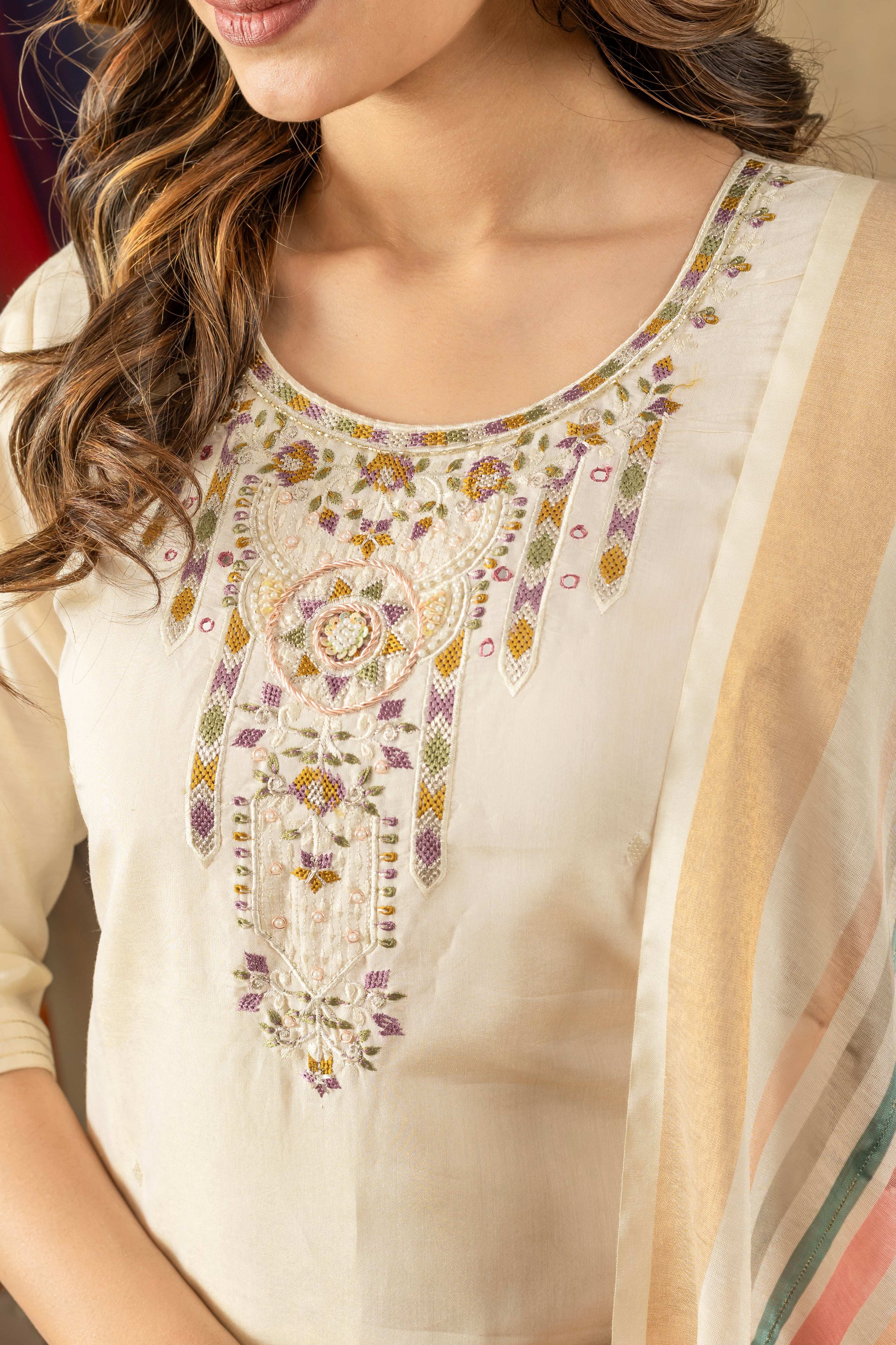 Women's Shimmer Gold Silk Straight Kurti Pant Dupatta Set with Multi Embroidery Hand Work
