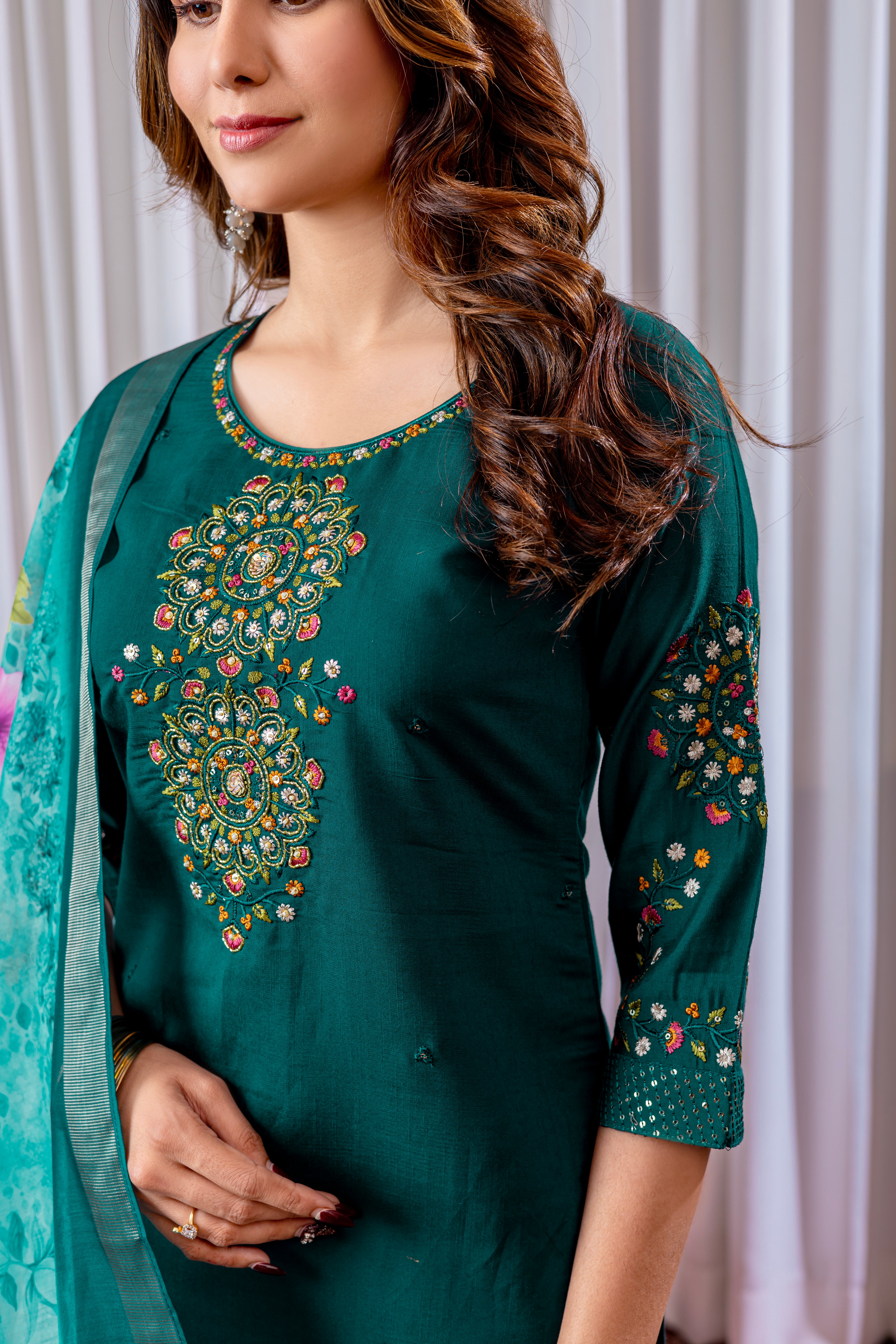 Women's Viscose Silk Straight Kurti Pant Dupatta Set with Multi Embroidery Thread Work & Chanderi Silk Dupatta