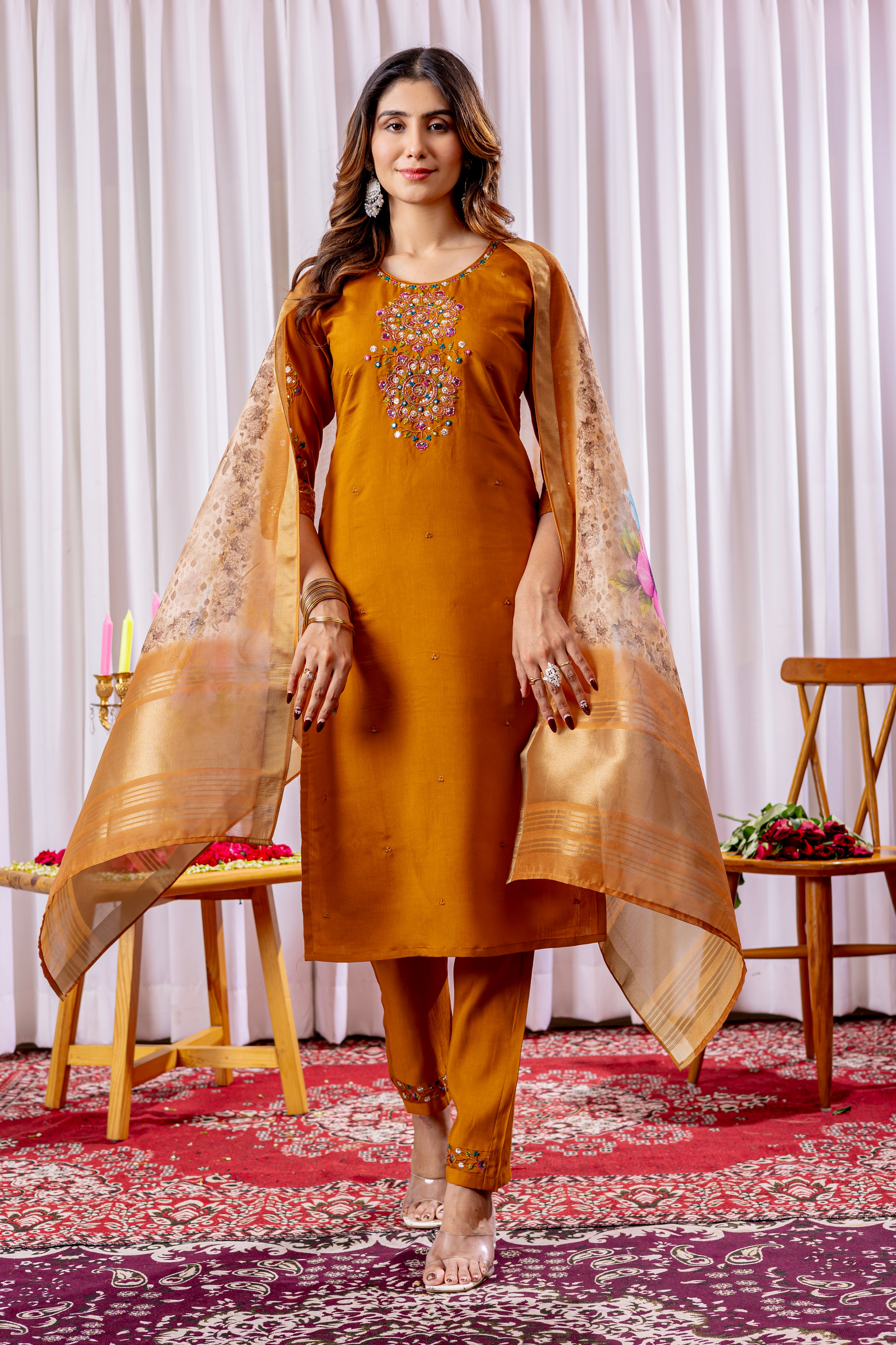 Women's Viscose Silk Straight Kurti Pant Dupatta Set with Multi Embroidery Thread Work & Chanderi Silk Dupatta