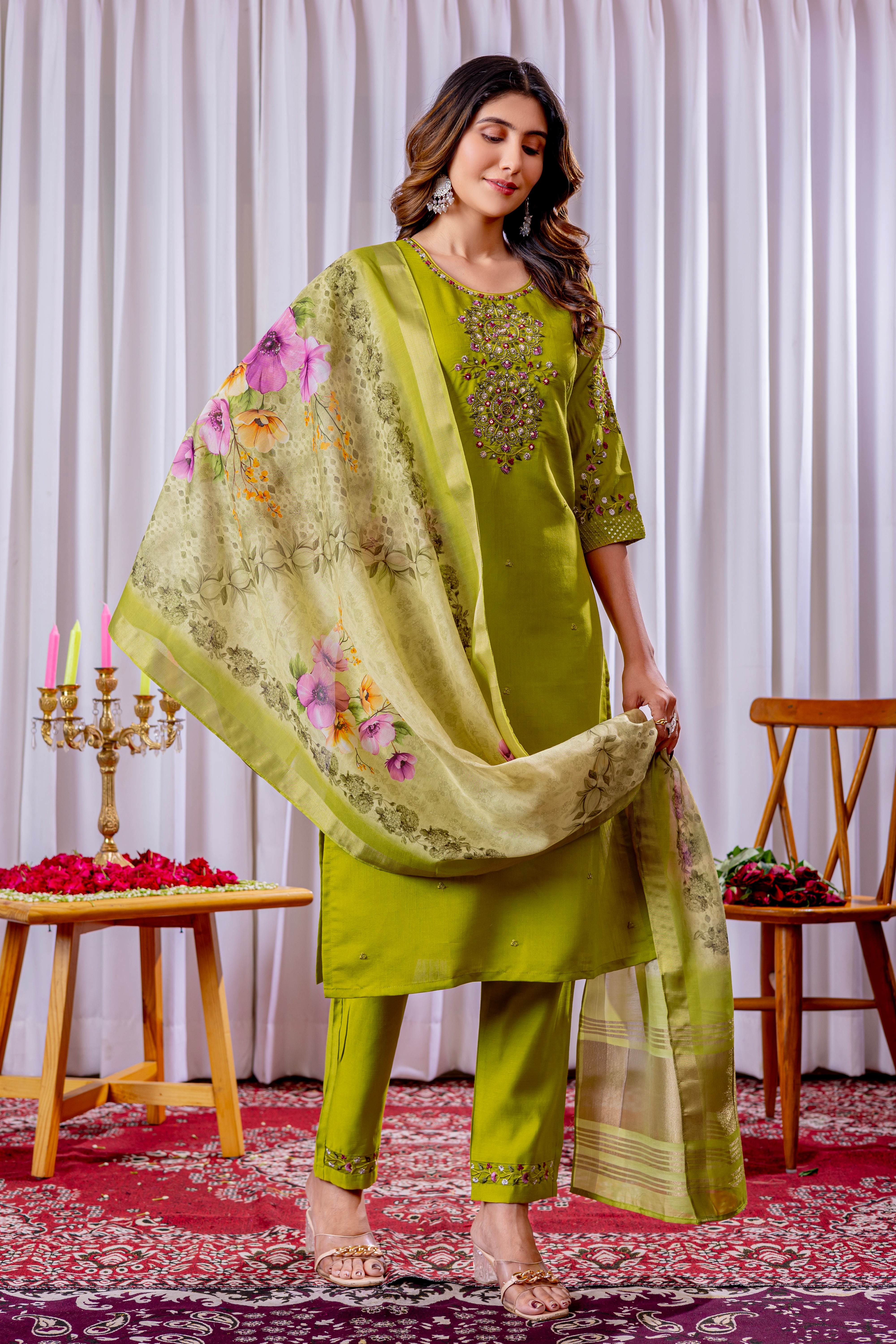 Women's Viscose Silk Straight Kurti Pant Dupatta Set with Multi Embroidery Thread Work & Chanderi Silk Dupatta