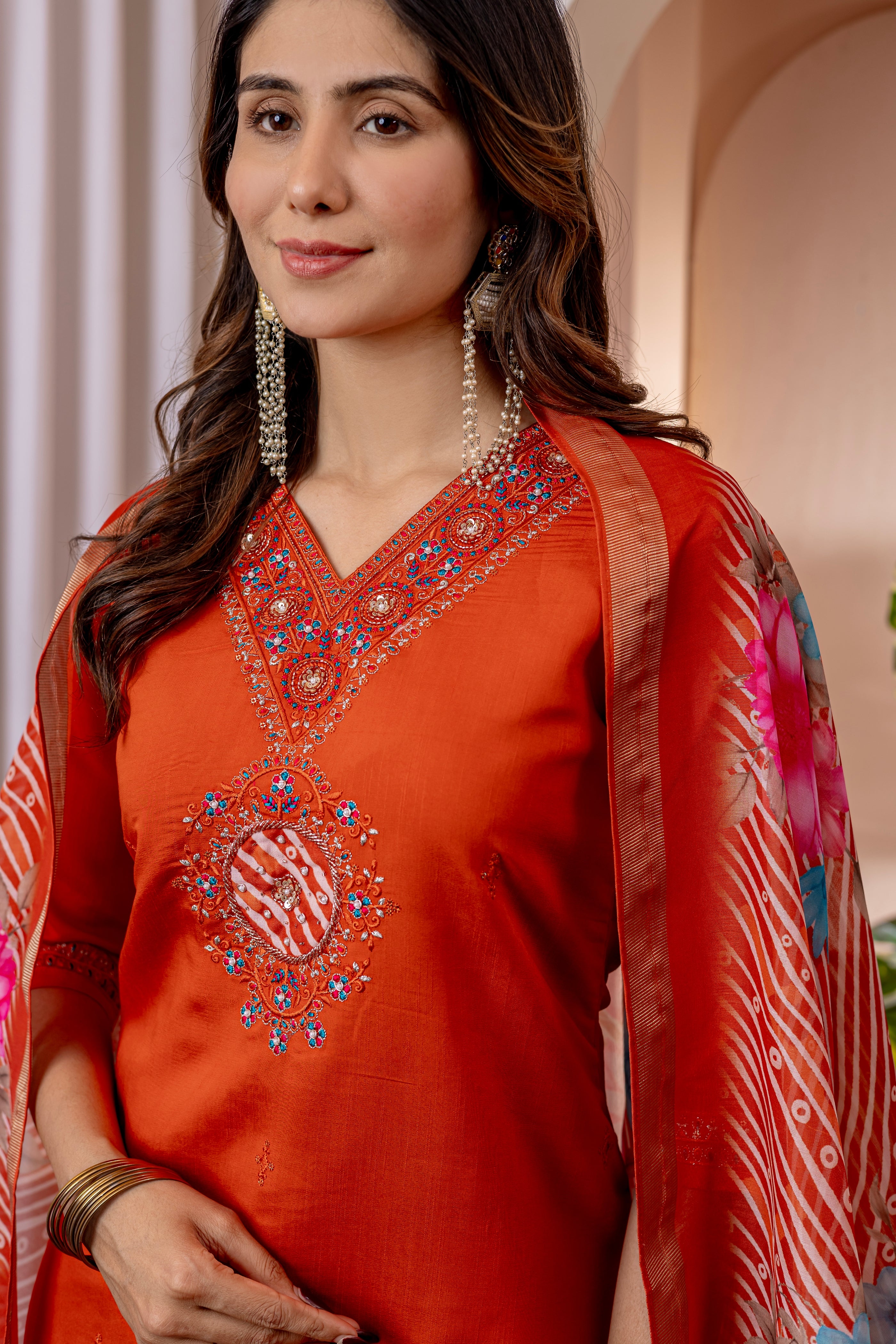 Women's Marina Viscose Silk Straight Kurti Pant Dupatta Set with Multi Embroidery Thread Work & Chanderi Silk Dupatta