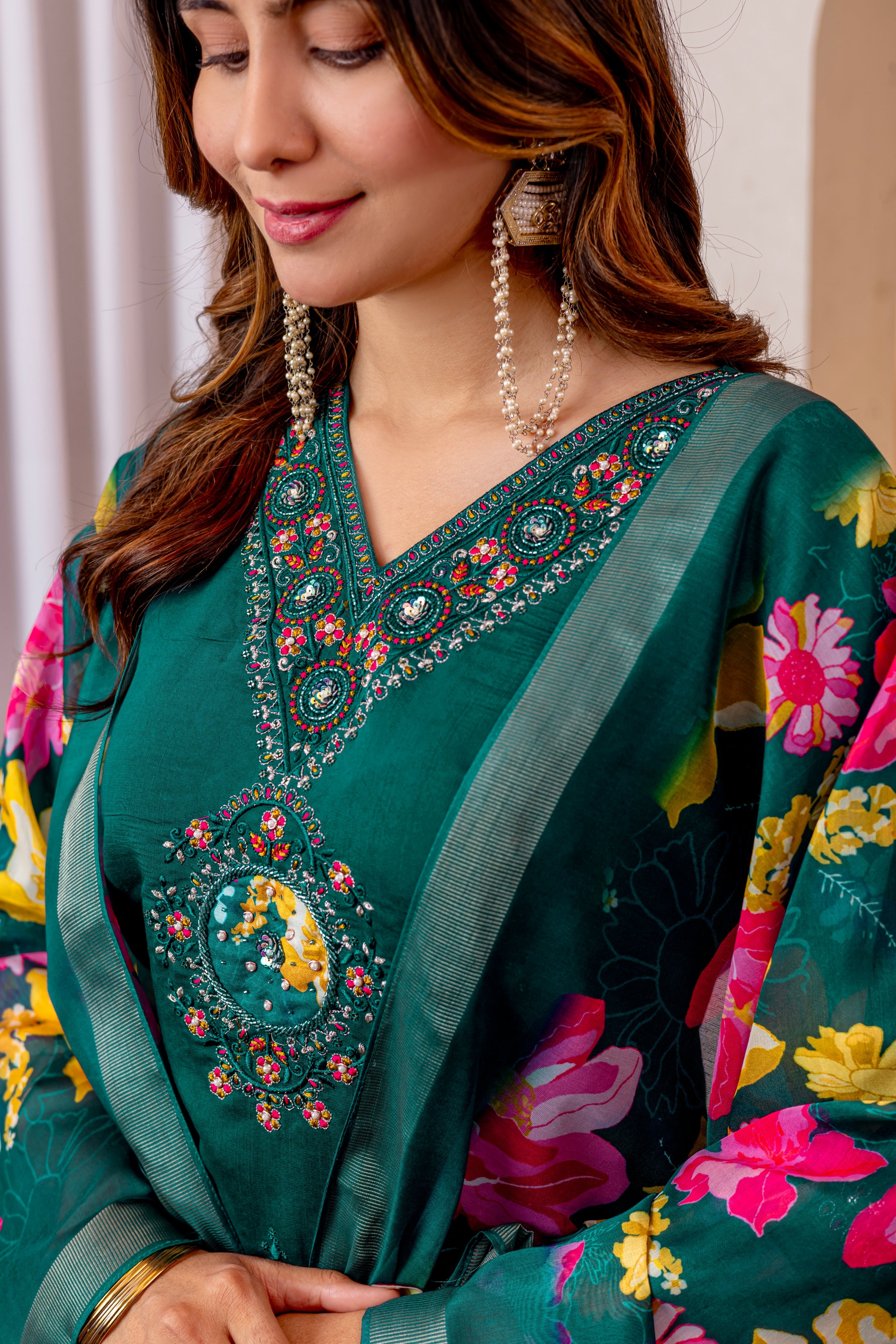 Women's Marina Viscose Silk Straight Kurti Pant Dupatta Set with Multi Embroidery Thread Work & Chanderi Silk Dupatta