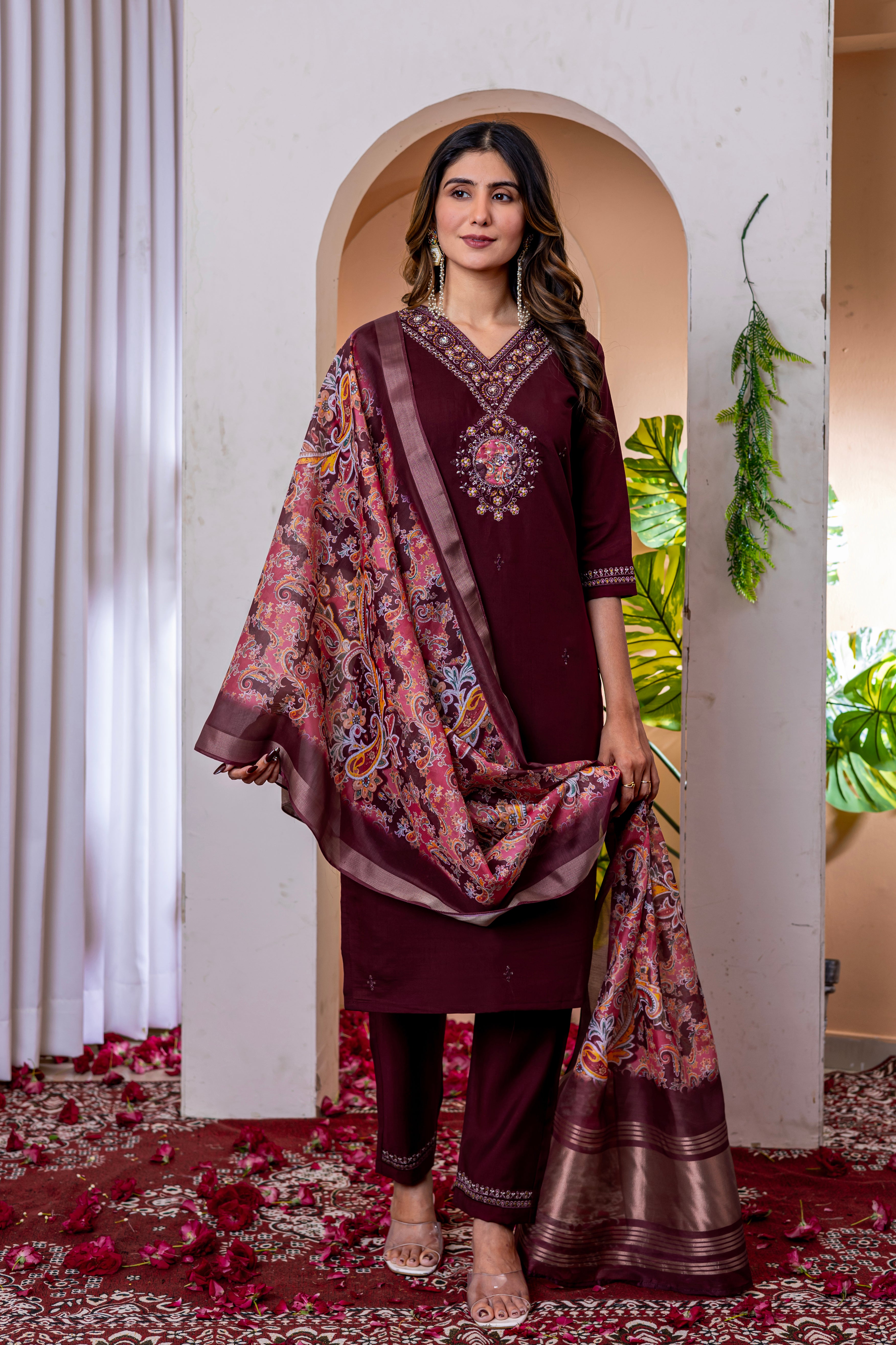 Women's Marina Viscose Silk Straight Kurti Pant Dupatta Set with Multi Embroidery Thread Work & Chanderi Silk Dupatta