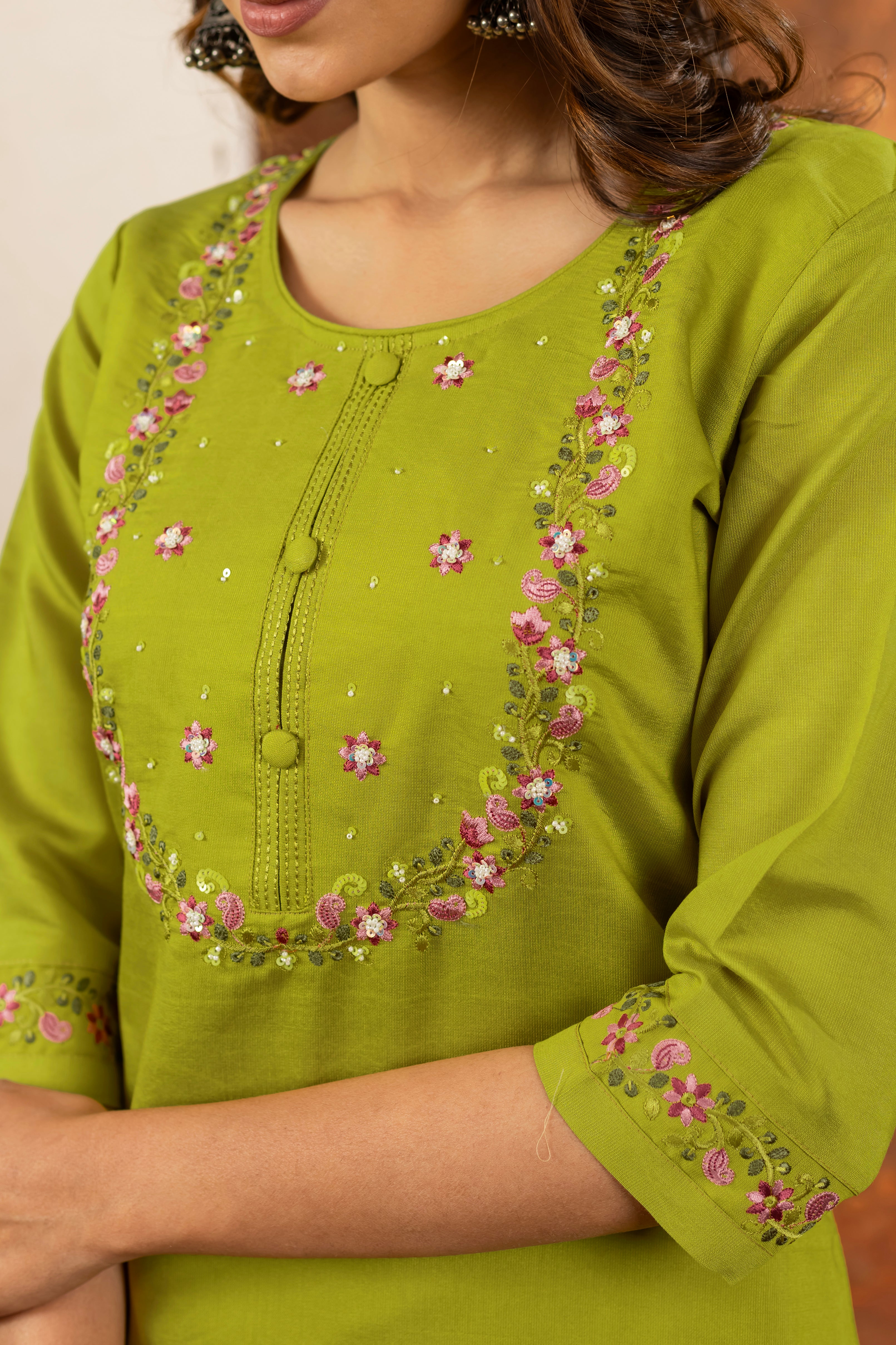Marina Silk Straight Kurti Pant Dupatta Set with Embroidery Hand Work