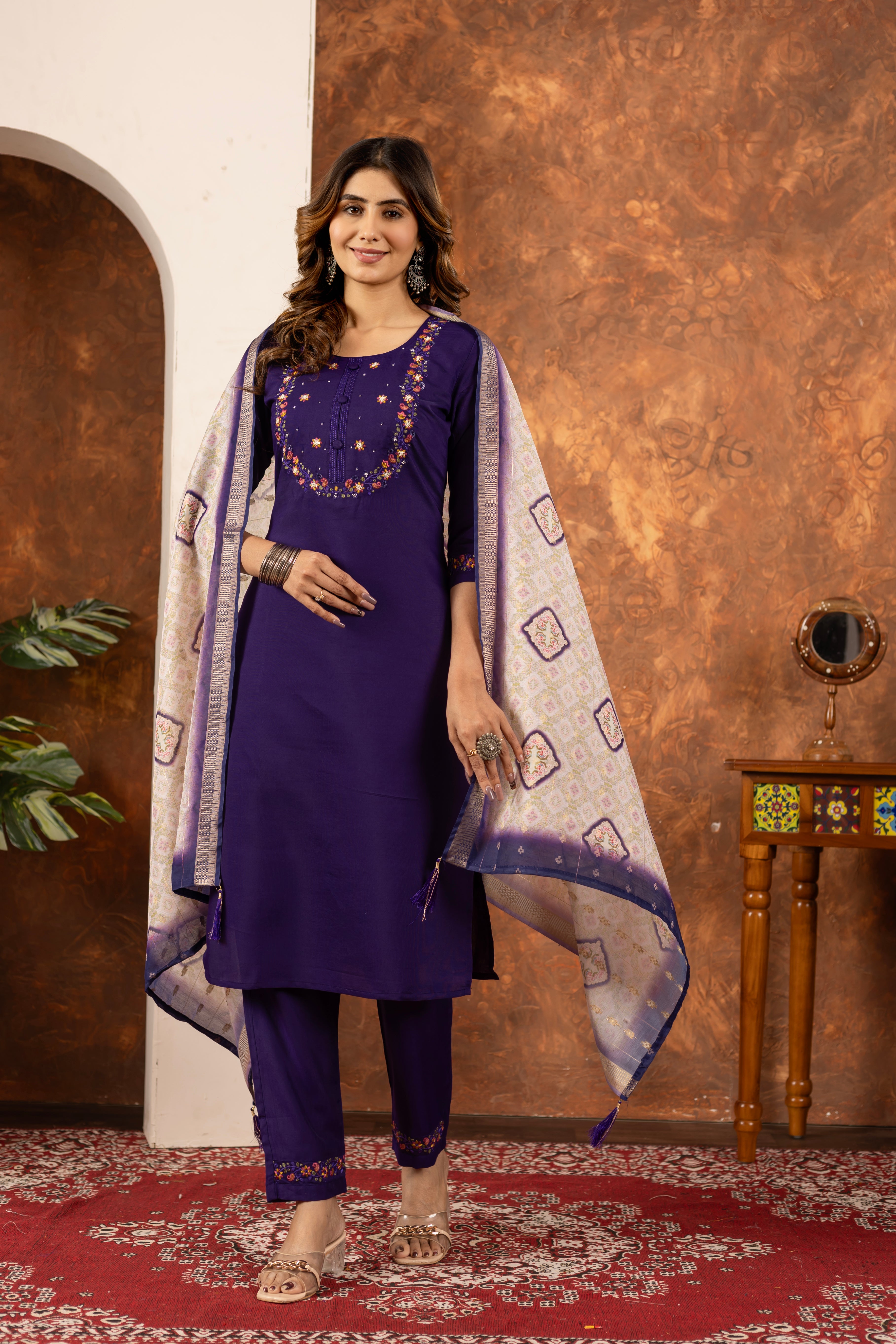 Marina Silk Straight Kurti Pant Dupatta Set with Embroidery Hand Work