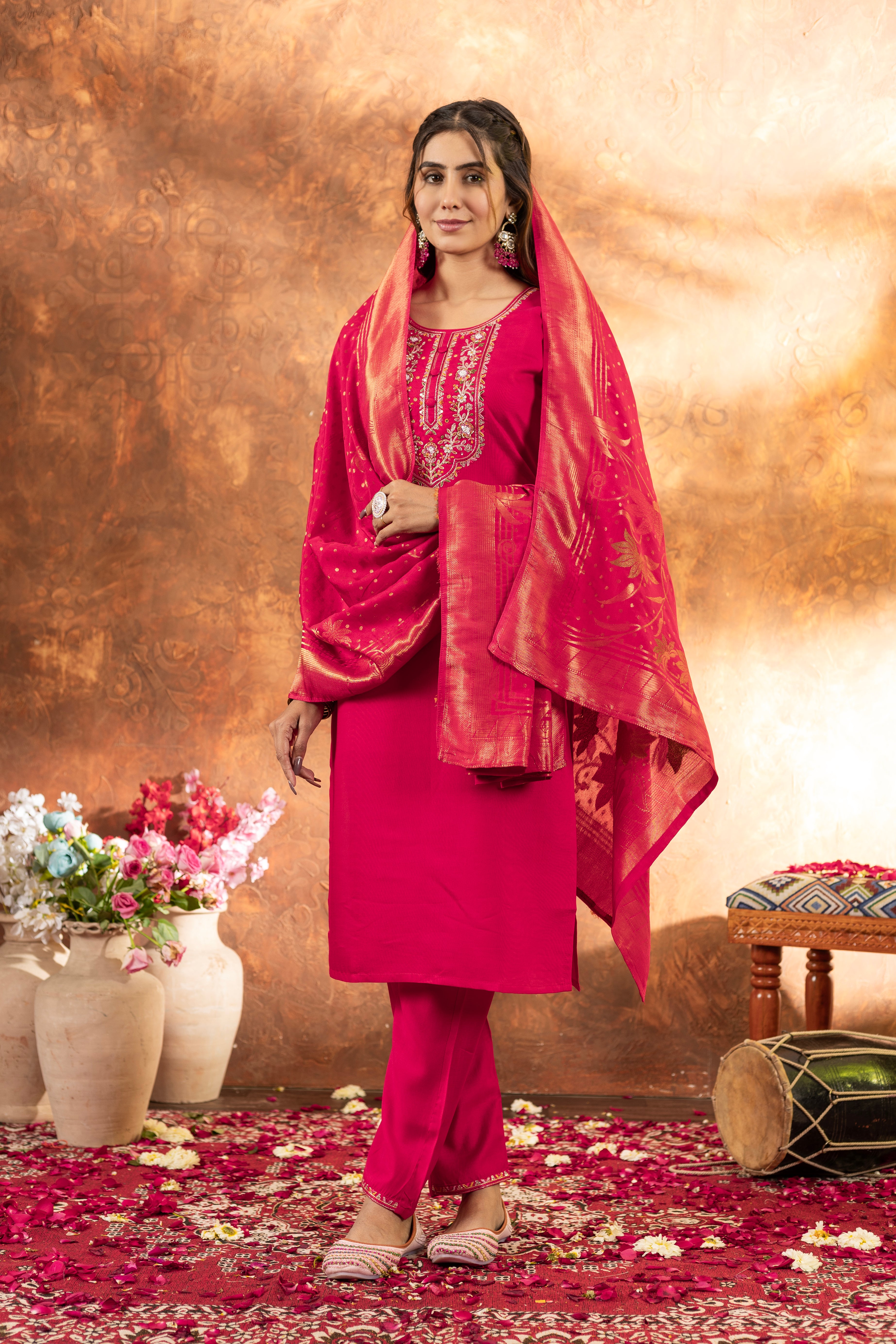 Marina Silk Straight Kurti Pant Dupatta Set with Multi Embroidery Hand Work