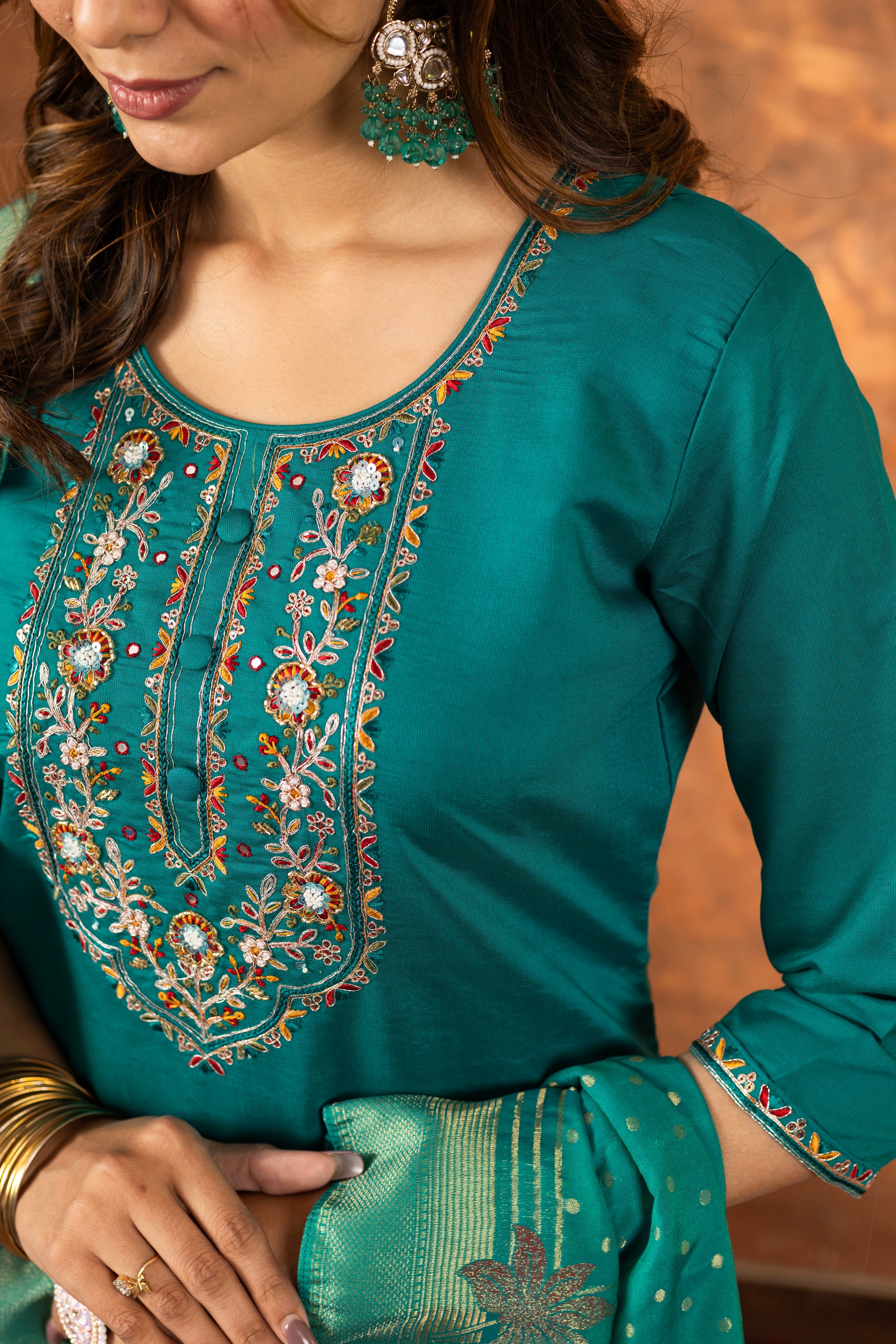 Marina Silk Straight Kurti Pant Dupatta Set with Multi Embroidery Hand Work