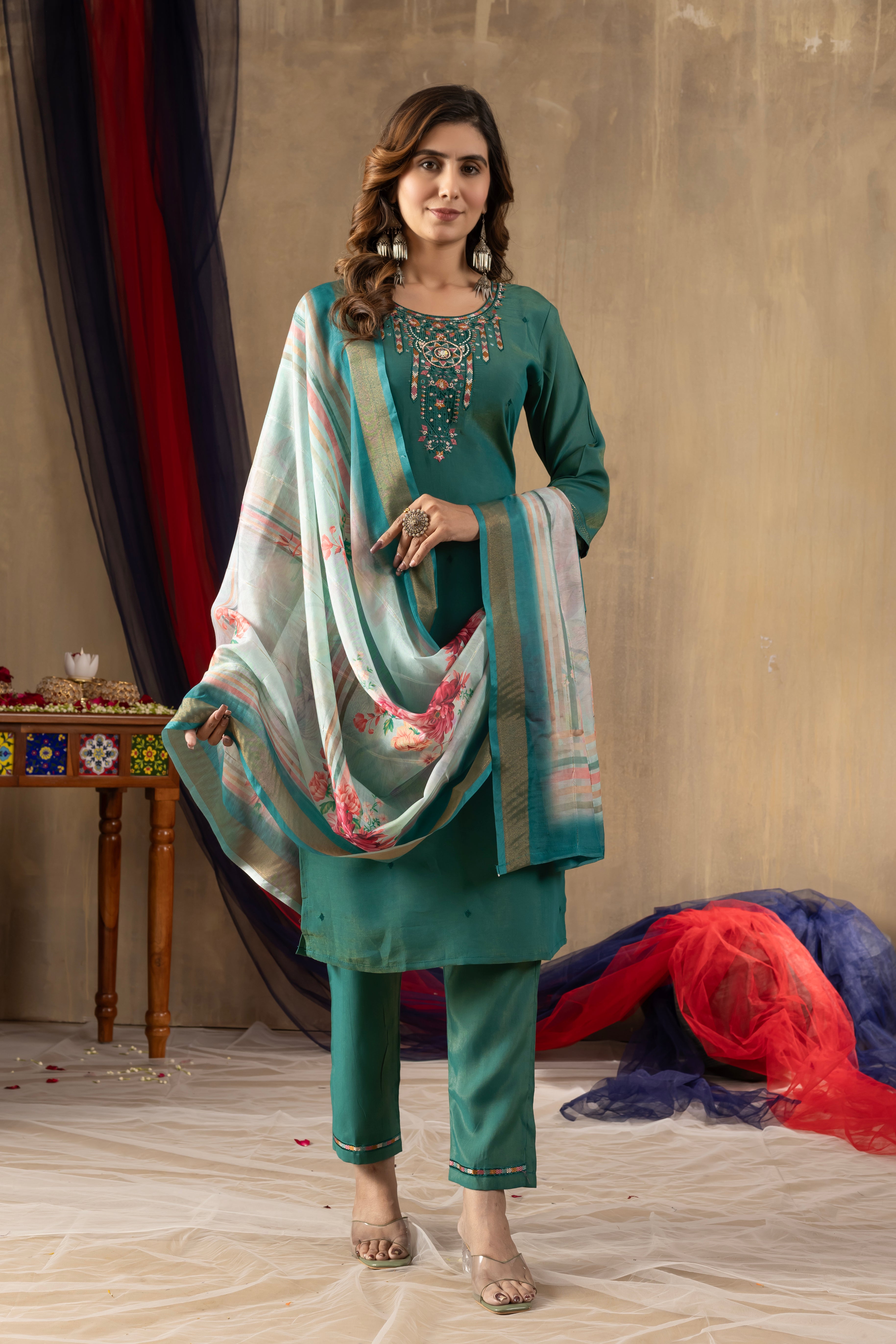 Women's Shimmer Gold Silk Straight Kurti Pant Dupatta Set with Multi Embroidery Hand Work